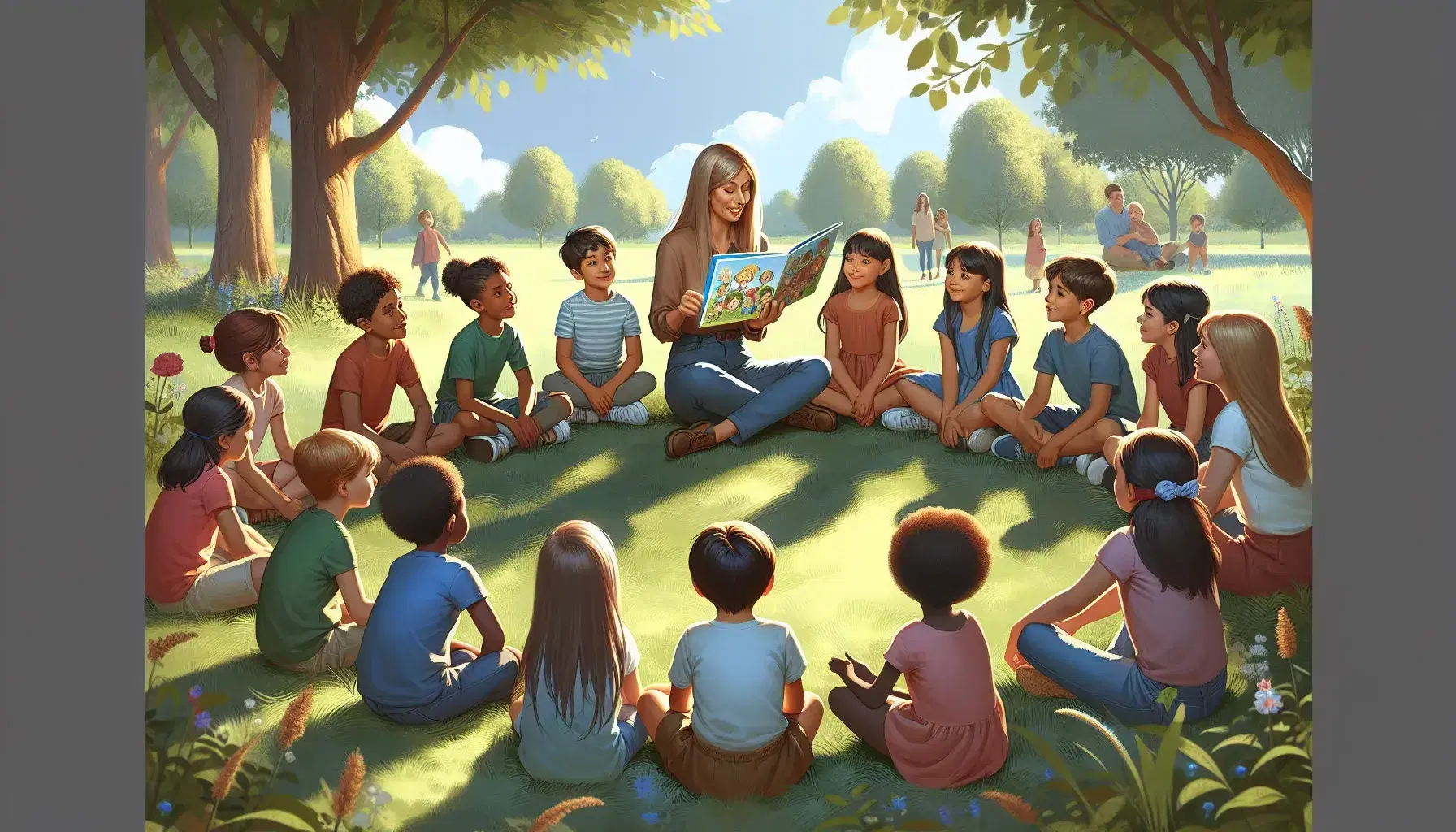 Bambini multietnici ascoltano una maestra leggere un libro all'aperto su un prato verde, con alberi e cielo azzurro sullo sfondo.