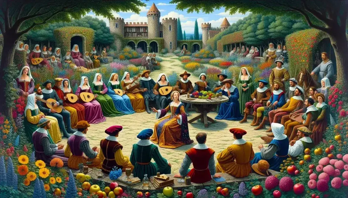Gruppo in abiti medievali ascolta narratrice in giardino fiorito con palazzo in lontananza, tavola frutta e liuto appoggiato.