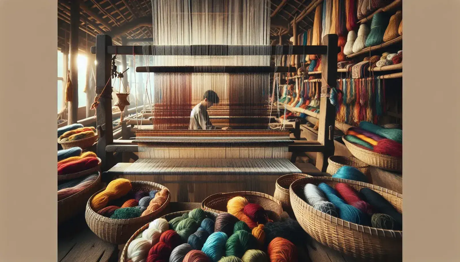Telar de madera tradicional con hilos de colores tensados y persona trabajando en la confección de tejido artesanal, rodeado de cestas con más hilos bajo luz natural.
