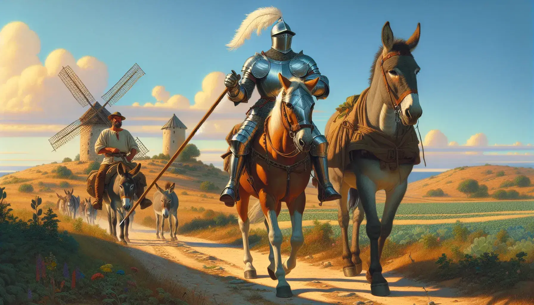 Caballero en armadura de metal con lanza montando caballo marrón claro y acompañante en burro gris recorren camino rural con molino al fondo.