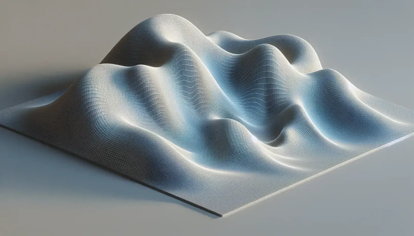 Three-dimensional mathematical model showcasing a smooth, undulating mesh surface with a blue gradient, emphasizing curvature through lighting and shadows.