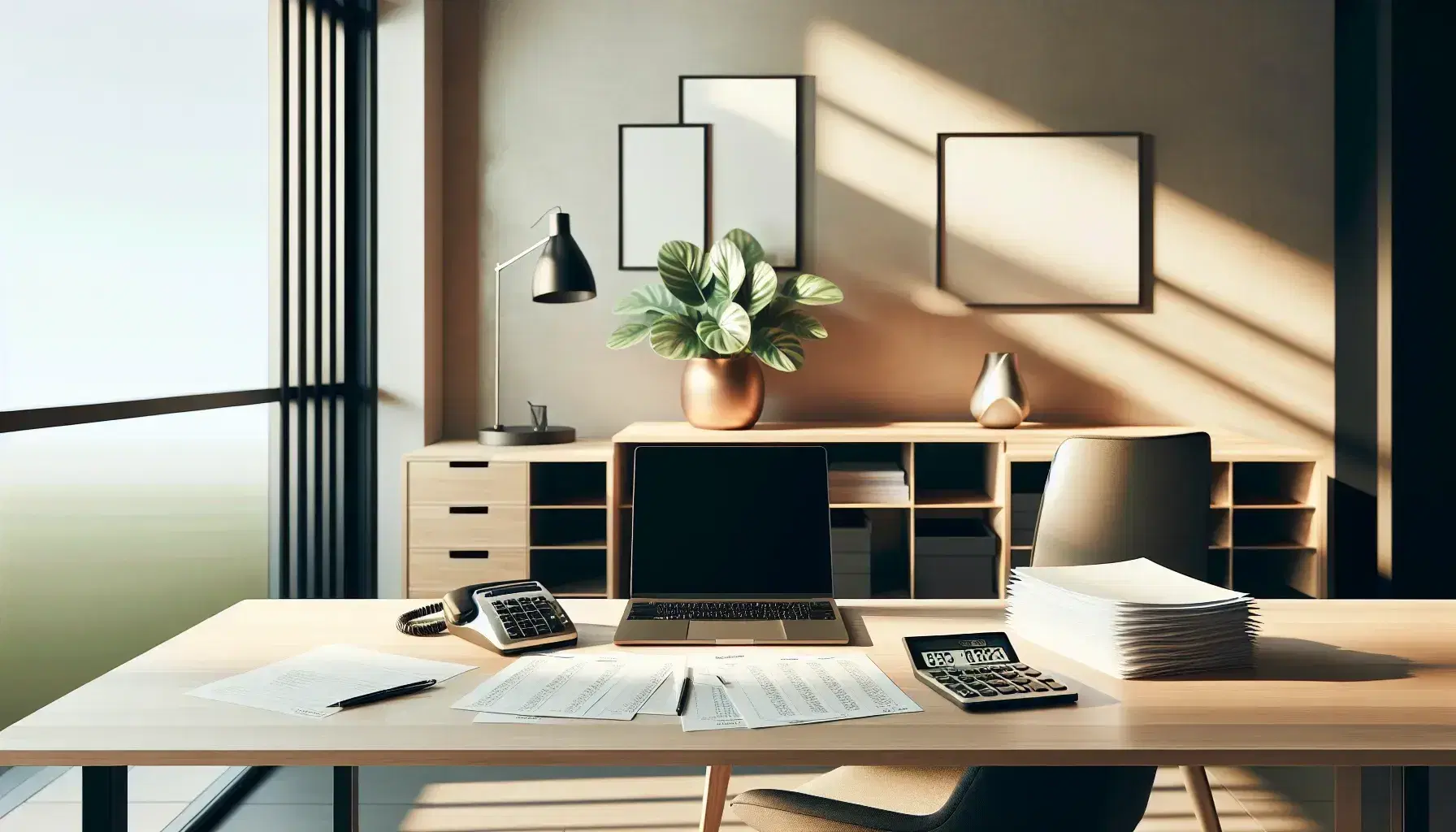 Oficina moderna y luminosa con mesa de madera, calculadora, papeles alineados, laptop con pantalla en blanco, teléfono negro y planta verde.