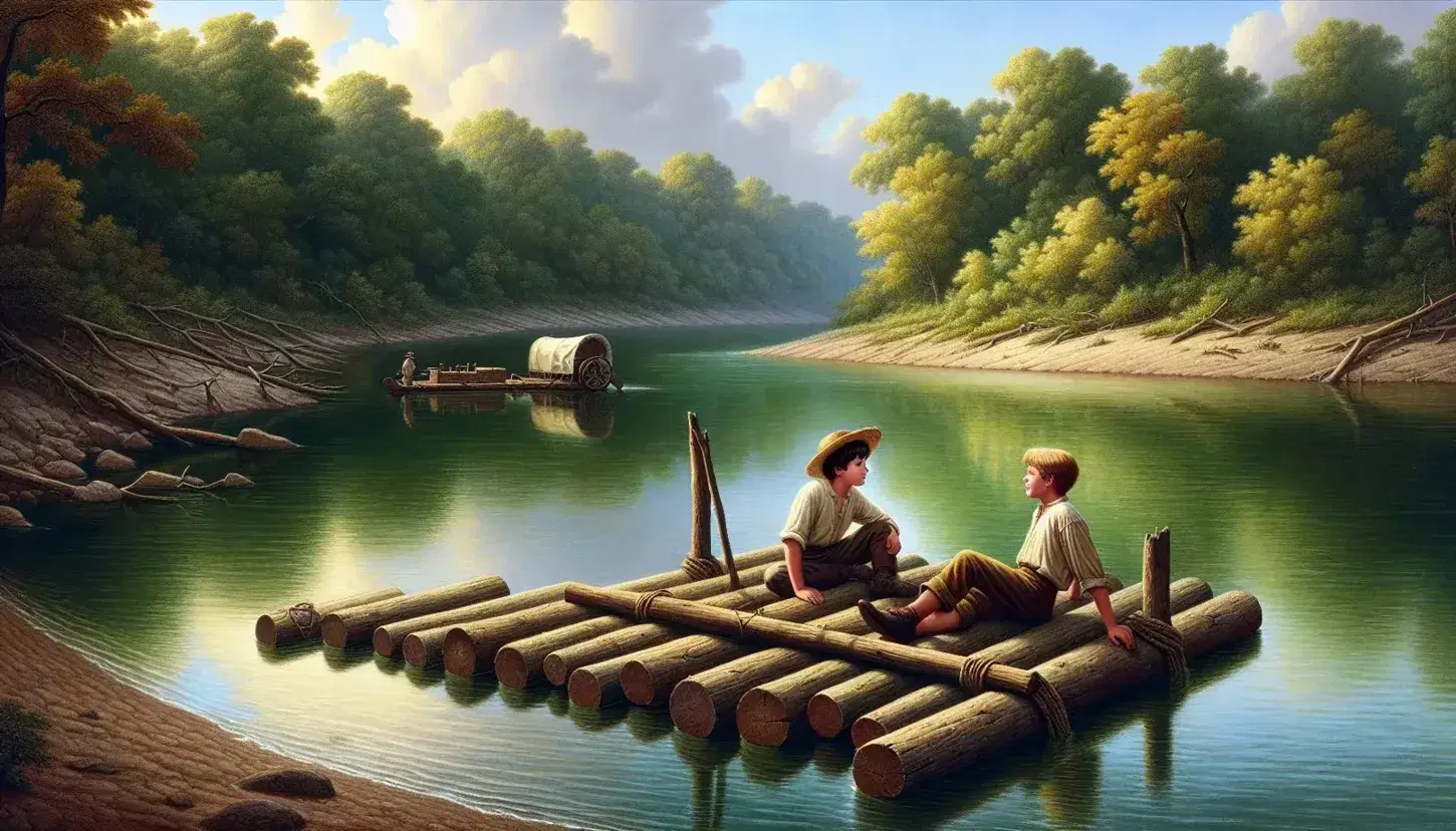 Two boys on a log raft on a calm river, one sitting and one lying down, with a lush green riverbank and a clear blue sky in the background.