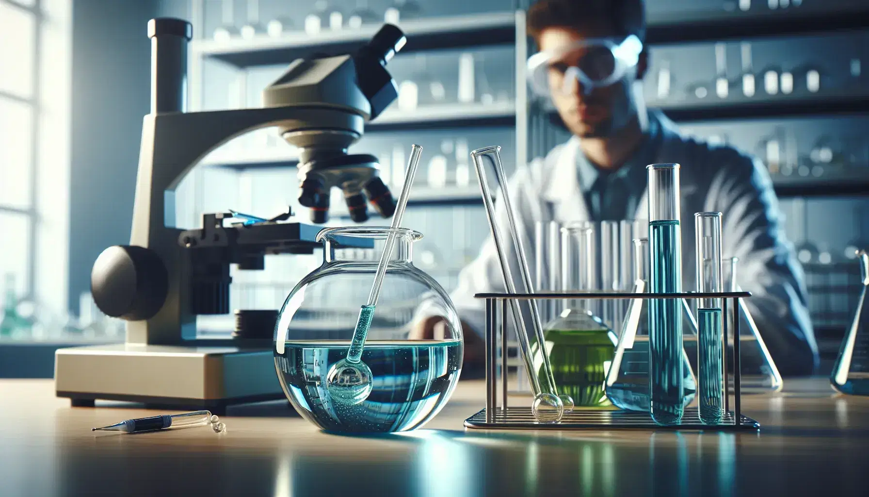 Laboratory scene with a beaker of blue liquid, test tubes with colored solutions, a microscope, and a scientist examining a petri dish.