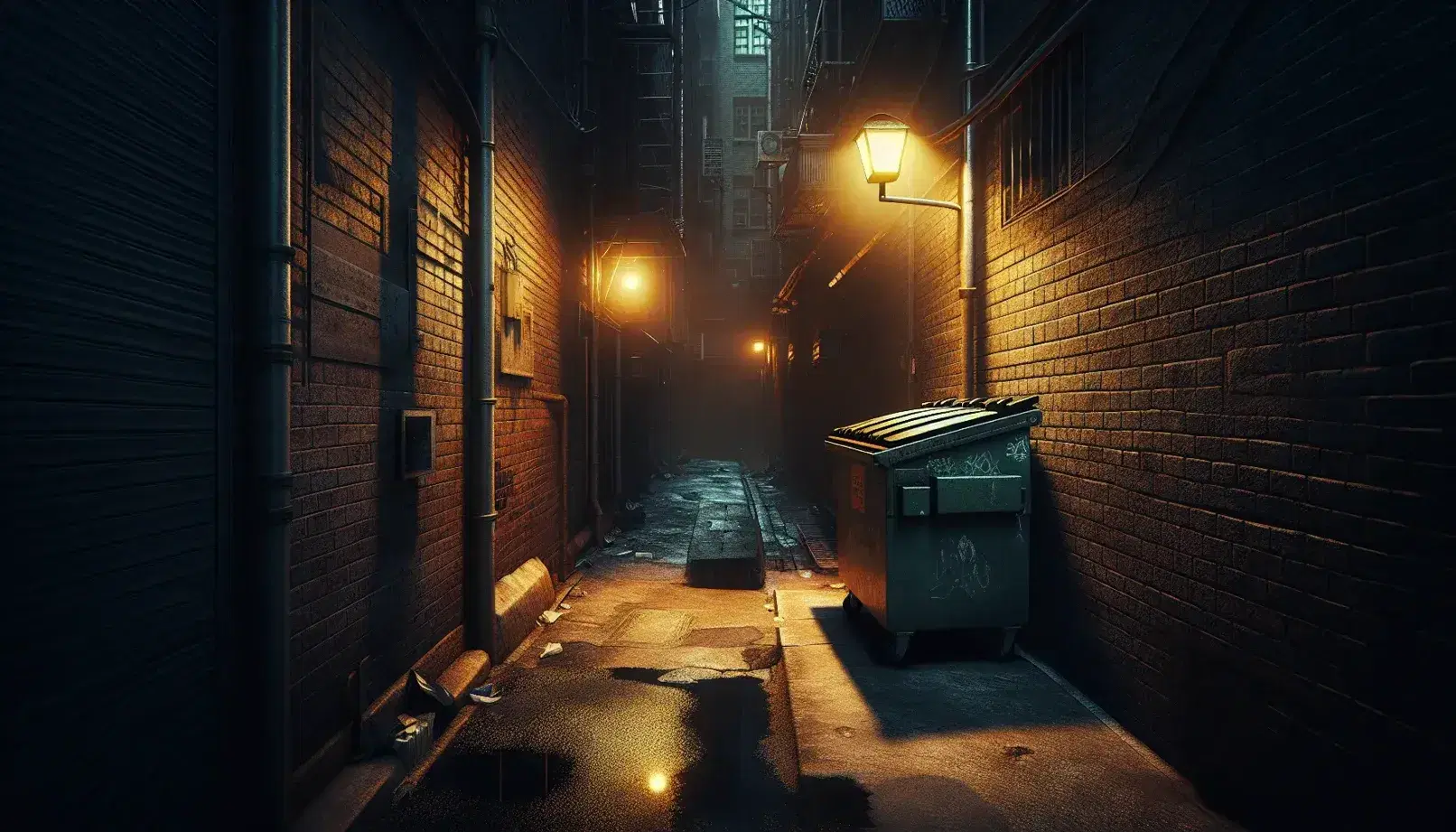 Urban alley illuminated by a street lamp with a sitting gray cat, green dumpster and puddles on concrete floor.