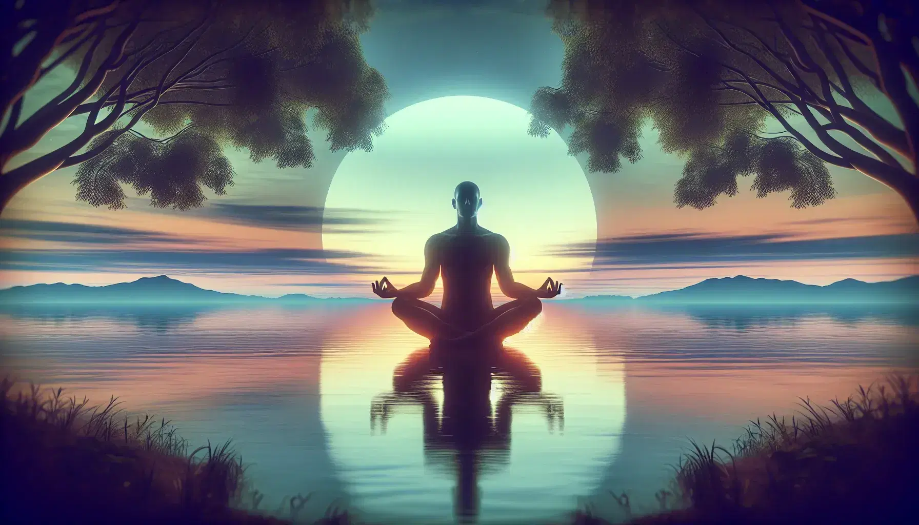 Person in lotus meditation position on green grass, sunrise or sunset reflections on calm lake, green trees and gradient sky.