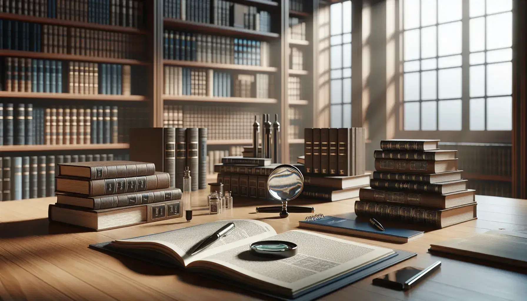 Biblioteca acogedora con estanterías de madera oscura llenas de libros, mesa con libros abiertos, lupa y cuaderno azul, luz suave de ventana al fondo.