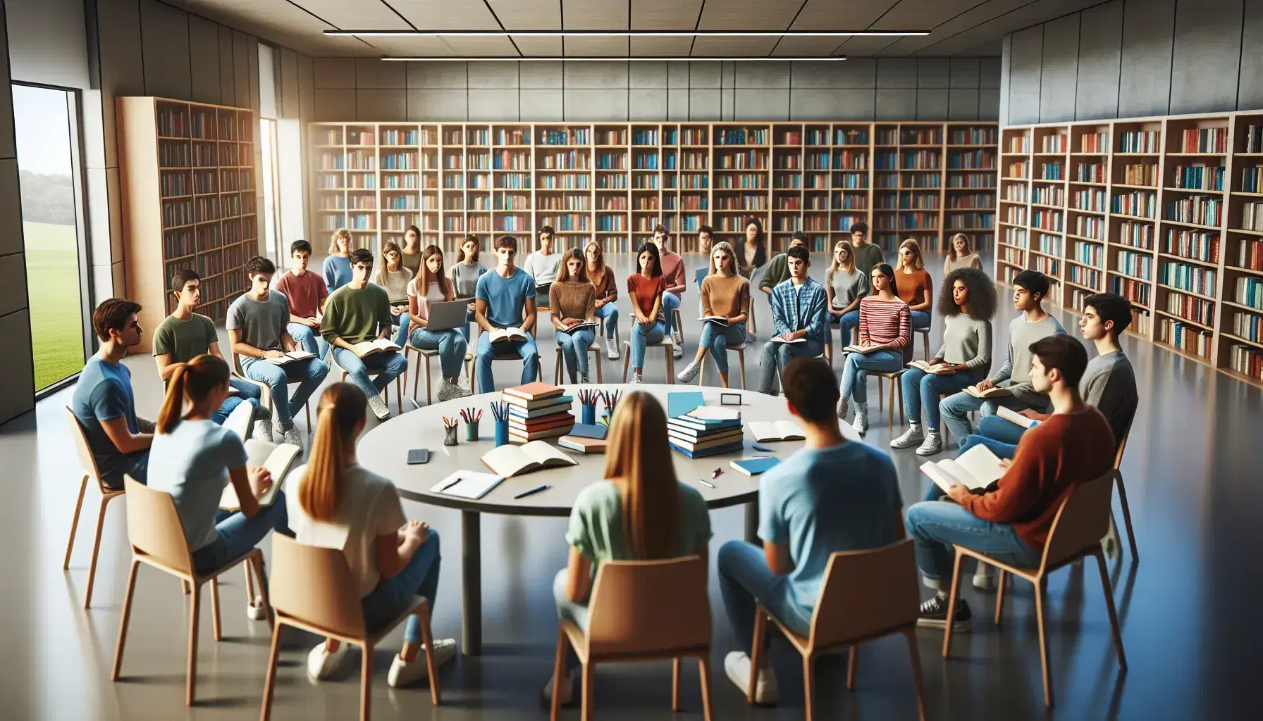 Grupo de jóvenes adultos estudiando en biblioteca, sentados en semicírculo con libros y laptops, en un ambiente de colaboración académica.