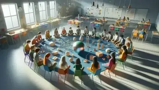 Studenti di varie età esplorano oggetti educativi seduti in cerchio in una classe luminosa, riflettendo luce e ombre.