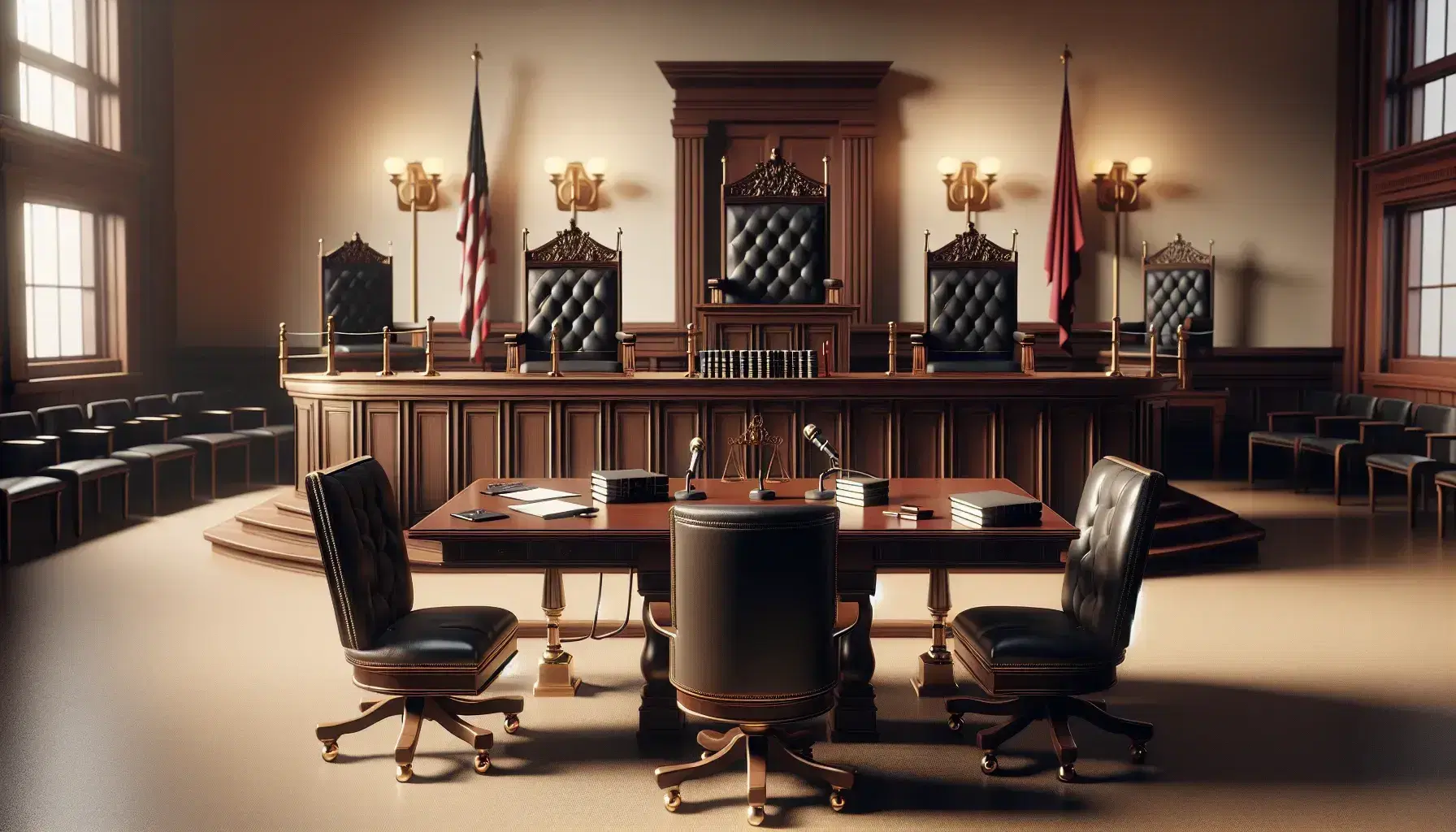 Escena de sala de juicio con mesa de madera, sillas con cojines de cuero, podio con micrófono, banderas sin símbolos y balanza de la justicia.