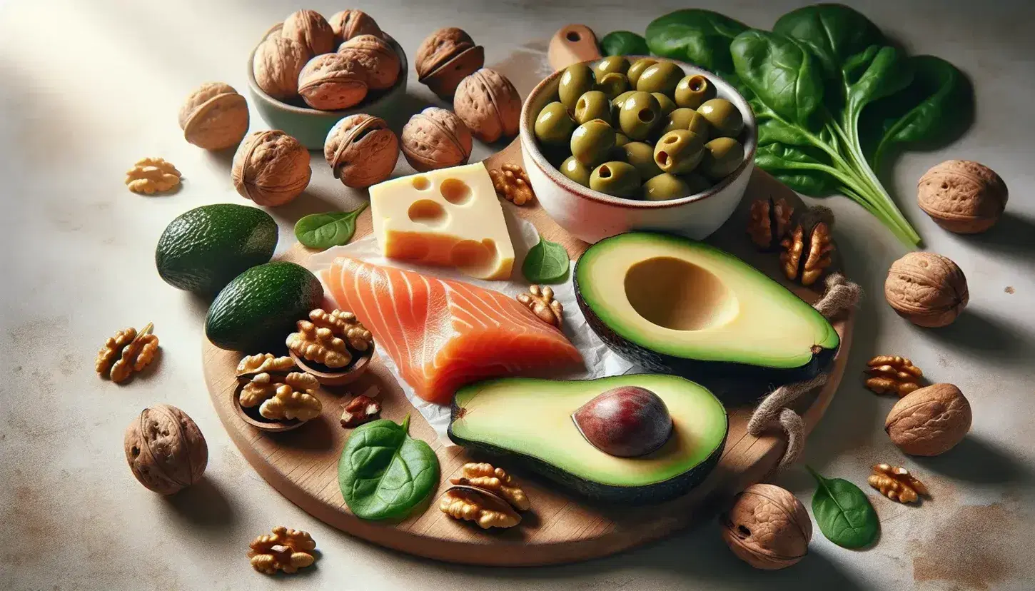 Variedad de alimentos saludables con aguacate, nueces, salmón, aceitunas y queso sobre superficie de madera iluminada naturalmente.