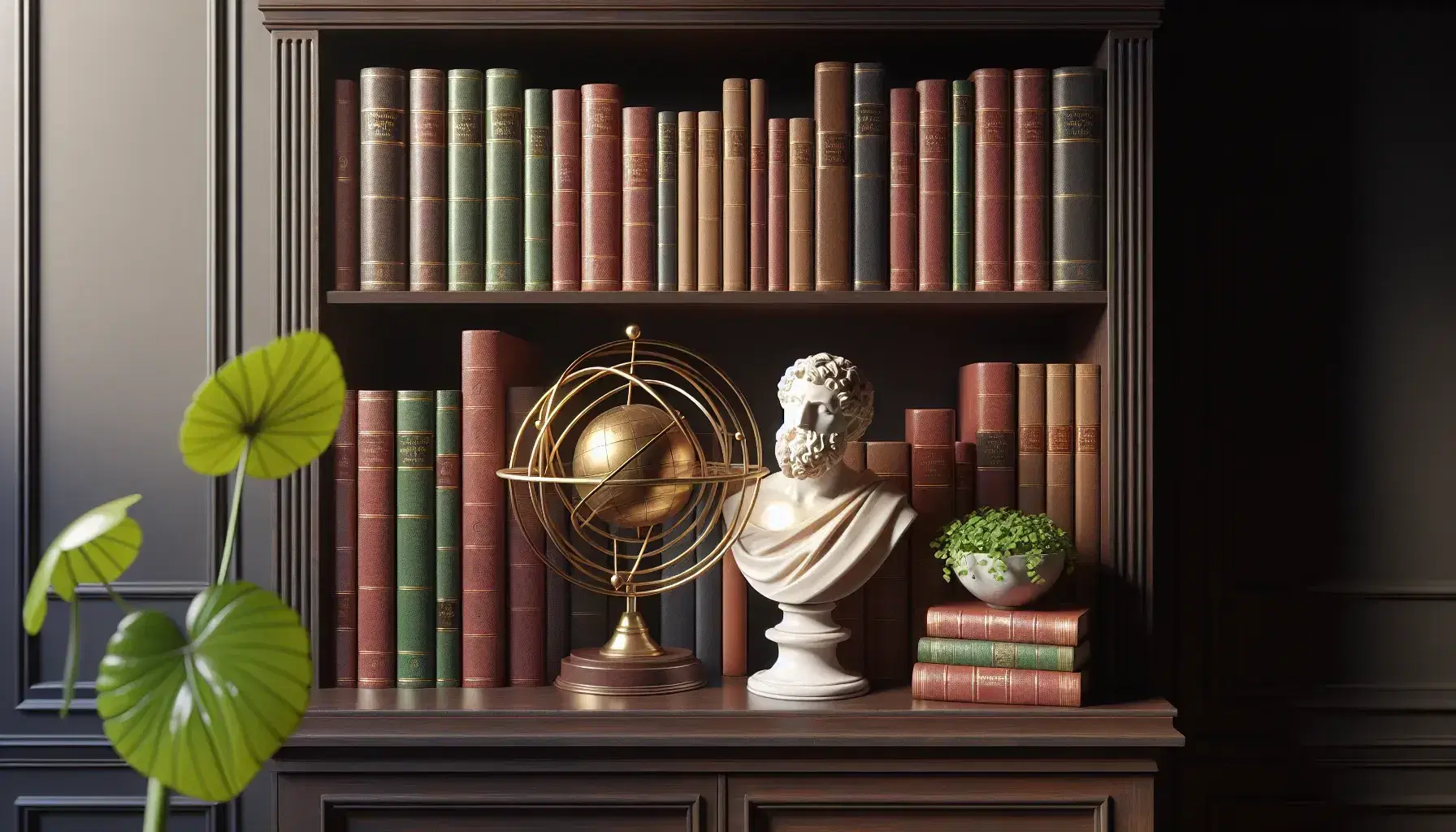 Estante de madera oscura lleno de libros encuadernados junto a esfera armilar dorada, busto de filósofo clásico y planta verde.