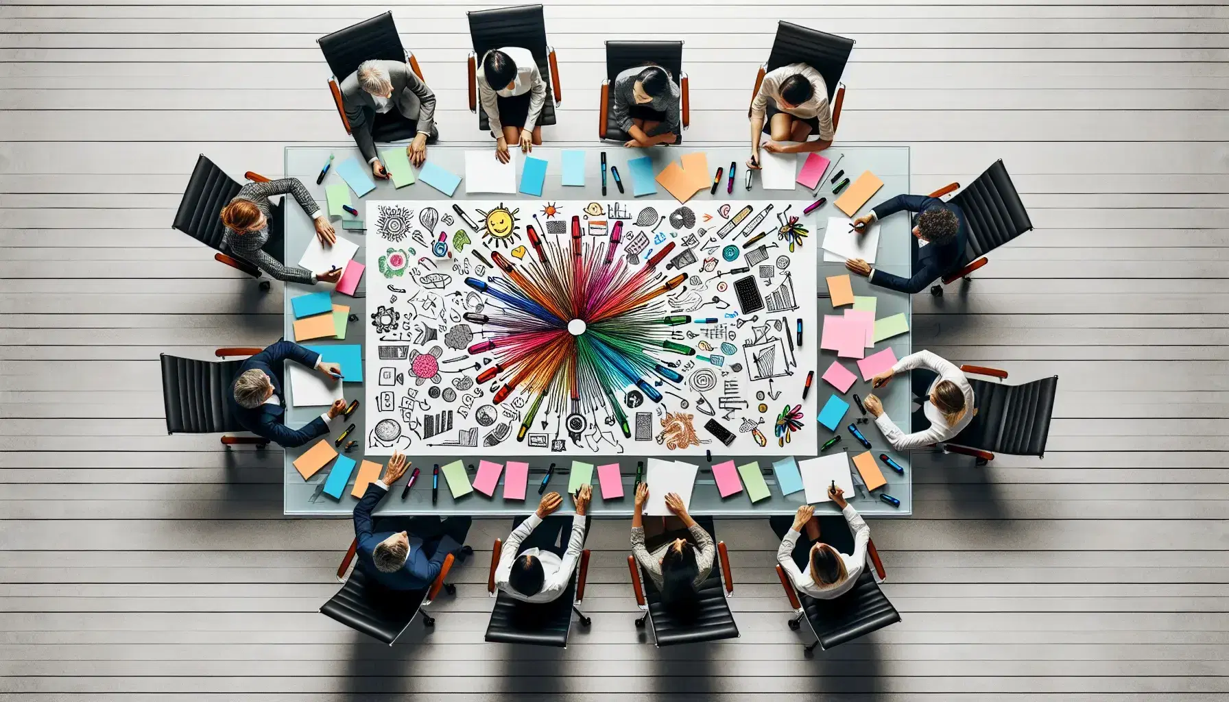 Mesa de reuniones de madera con papel central, marcadores de colores, notas adhesivas y cuatro personas en conversación activa en una oficina iluminada naturalmente.