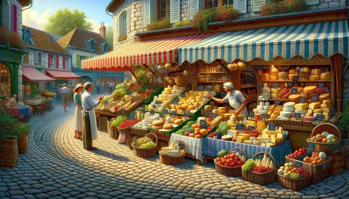 Quaint French village street with a bustling outdoor market, colorful produce stalls, a traditional café with patrons, and a stone fountain.