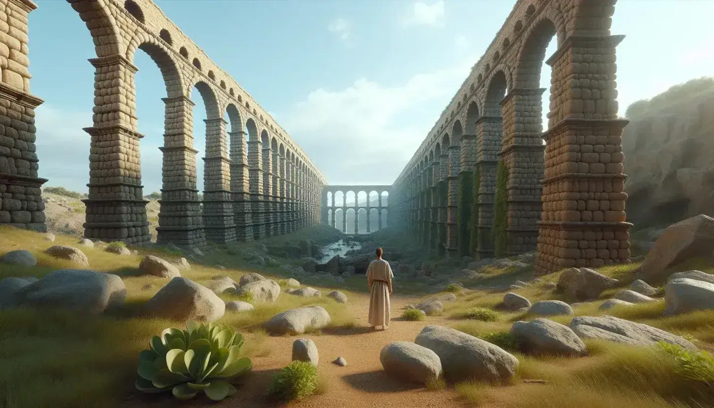 Ruinas de un acueducto romano antiguo con arcos semicirculares sobre pilares robustos, rodeado de vegetación y una figura humana contemplativa, bajo un cielo azul con nubes dispersas.