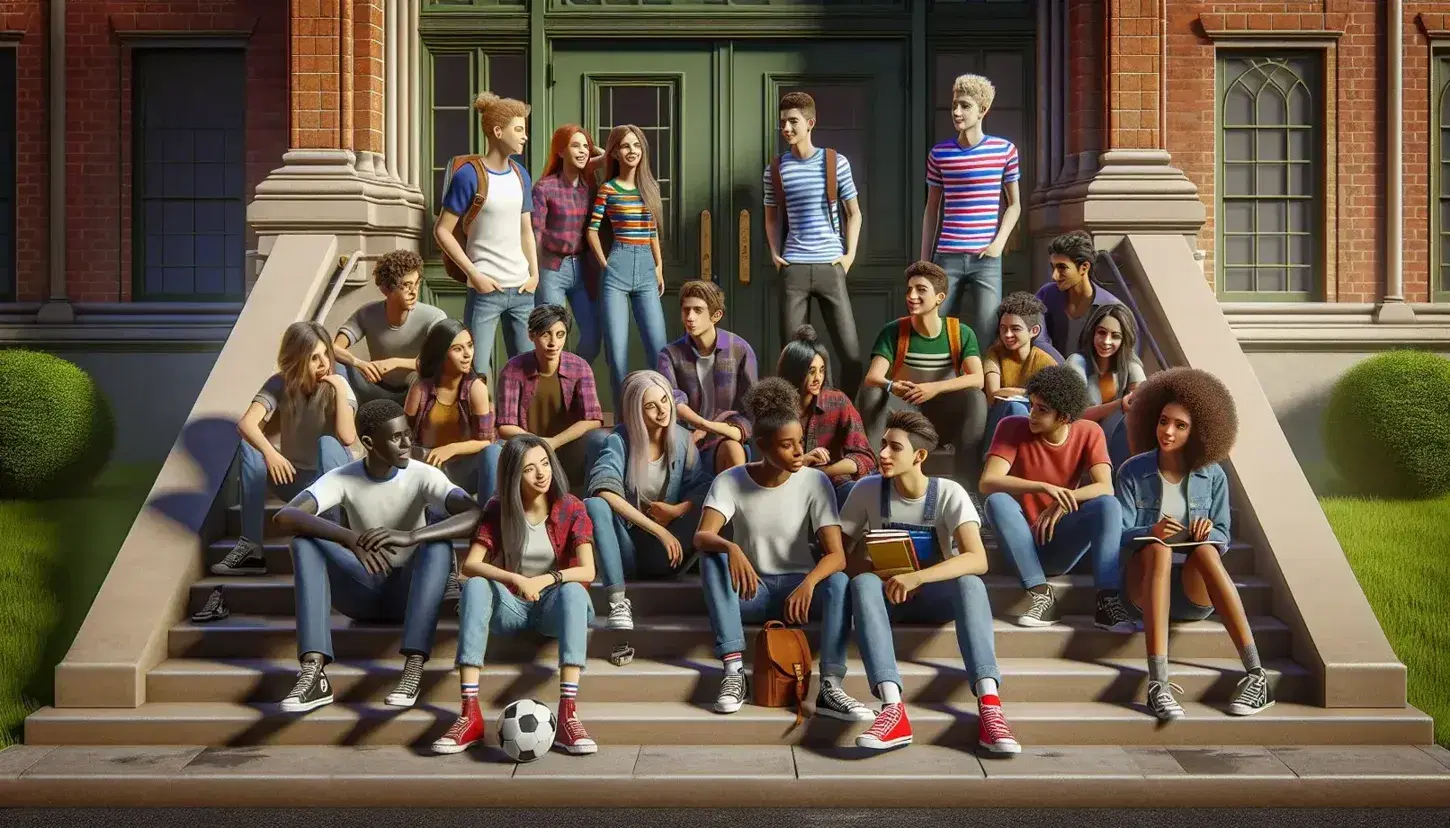 Diverse group of students socializing on school steps, with a woman holding a soccer ball and a man clutching a textbook, under a clear blue sky.