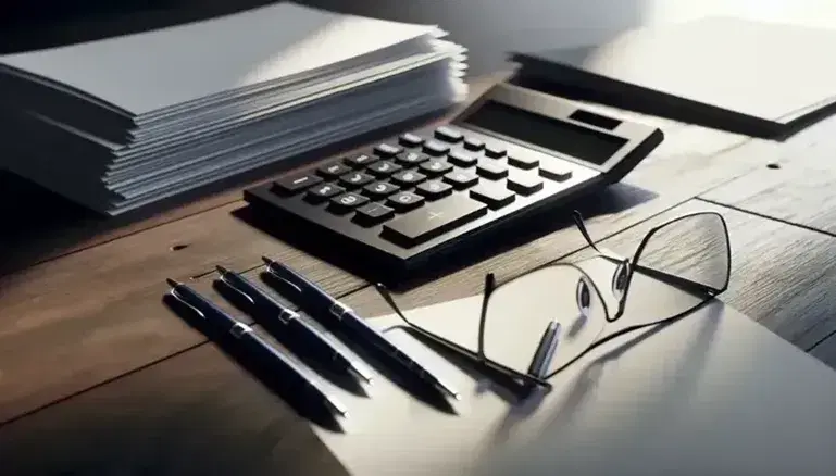 Escritorio de madera oscura con calculadora apagada, papeles blancos, bolígrafos azul y negro, y gafas con montura metálica, bajo iluminación suave.