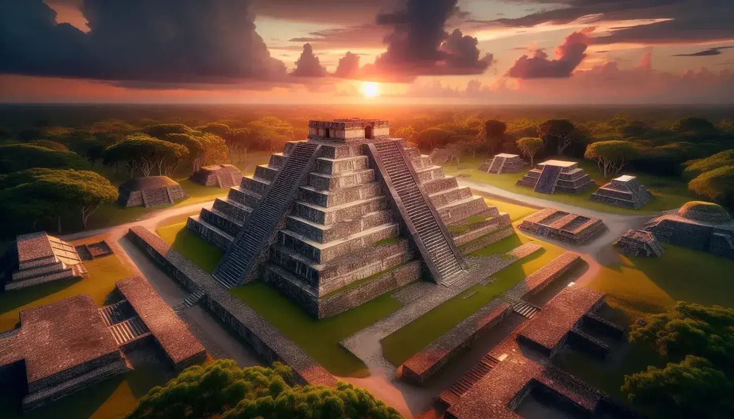 Vista panorámica de las ruinas de una ciudad mesoamericana con una pirámide escalonada al atardecer, rodeada de vegetación y estructuras de piedra antiguas bajo un cielo naranja y rosa.