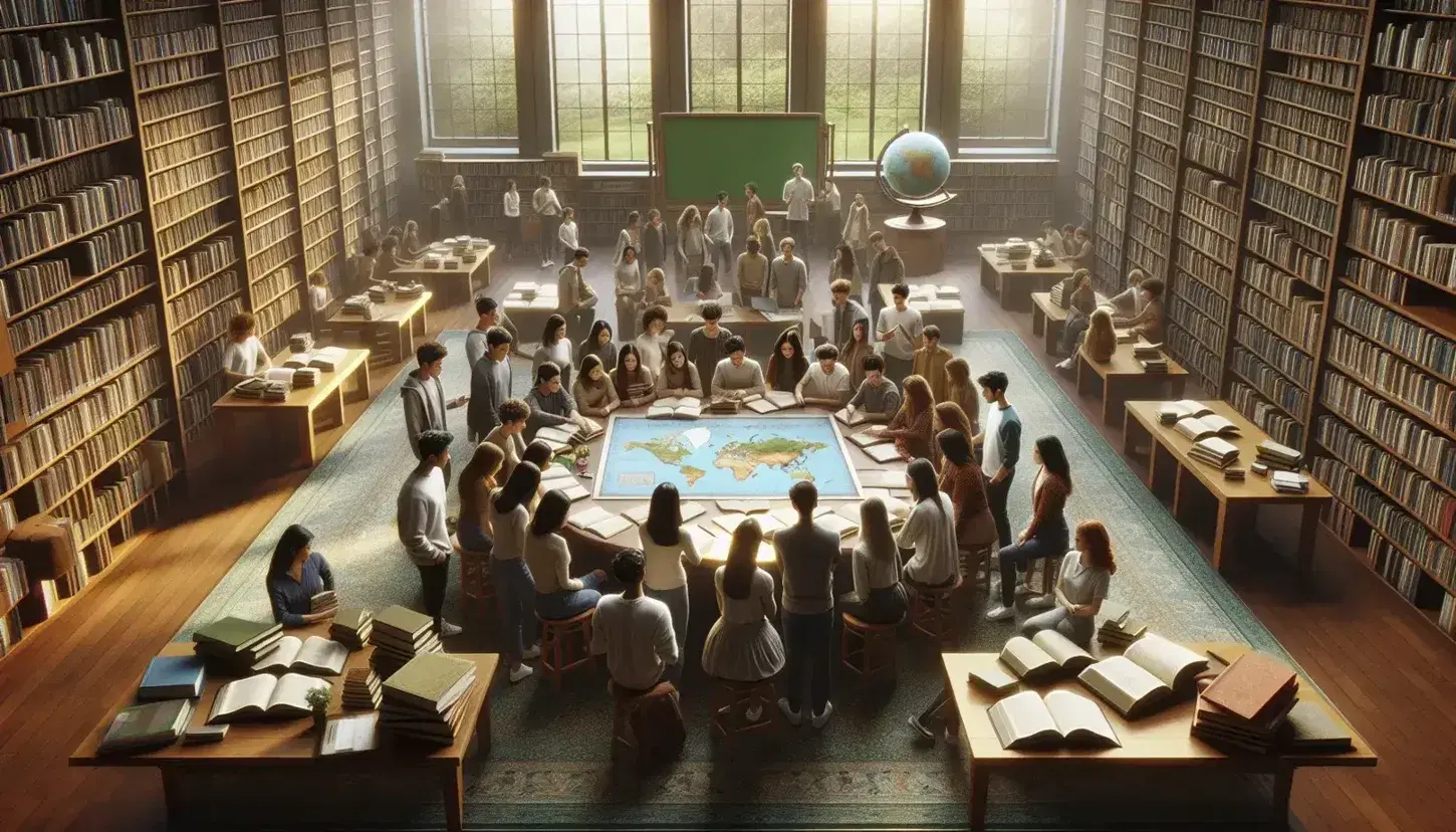 Grupo diverso de estudiantes colaborando en proyecto de geografía alrededor de una mesa con mapa, libros y globo terráqueo en biblioteca escolar iluminada por luz natural.