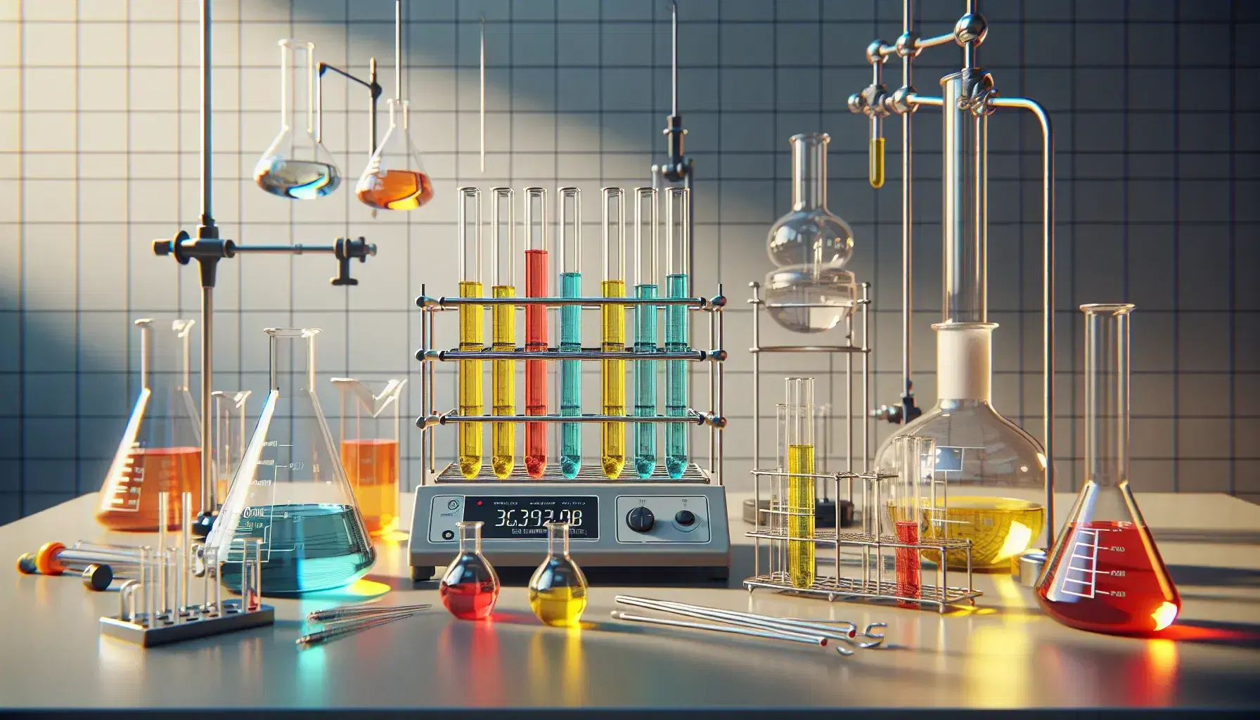 Laboratorio de química con tubos de ensayo de colores, matraz Erlenmeyer, vaso de precipitados naranja y balanza analítica.
