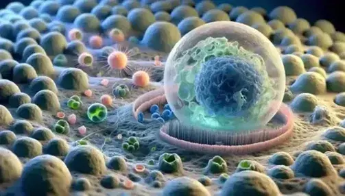 Detailed cellular landscape with large transparent blue cell, visible nucleus, touching green and pink small cells on multicolored blurred background.