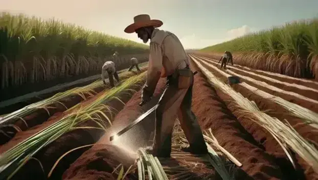 Campo de caña de azúcar en Cuba con trabajador cortando cañas con machete bajo cielo azul claro, reflejando la labor agrícola tradicional.