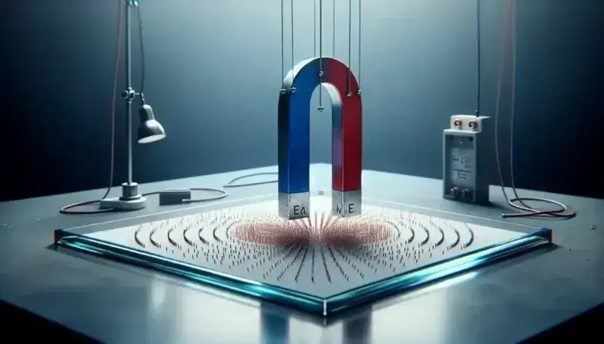 Laboratory red and blue U-magnet on paper with iron filings showing magnetic field lines, metal coil and circuit above.