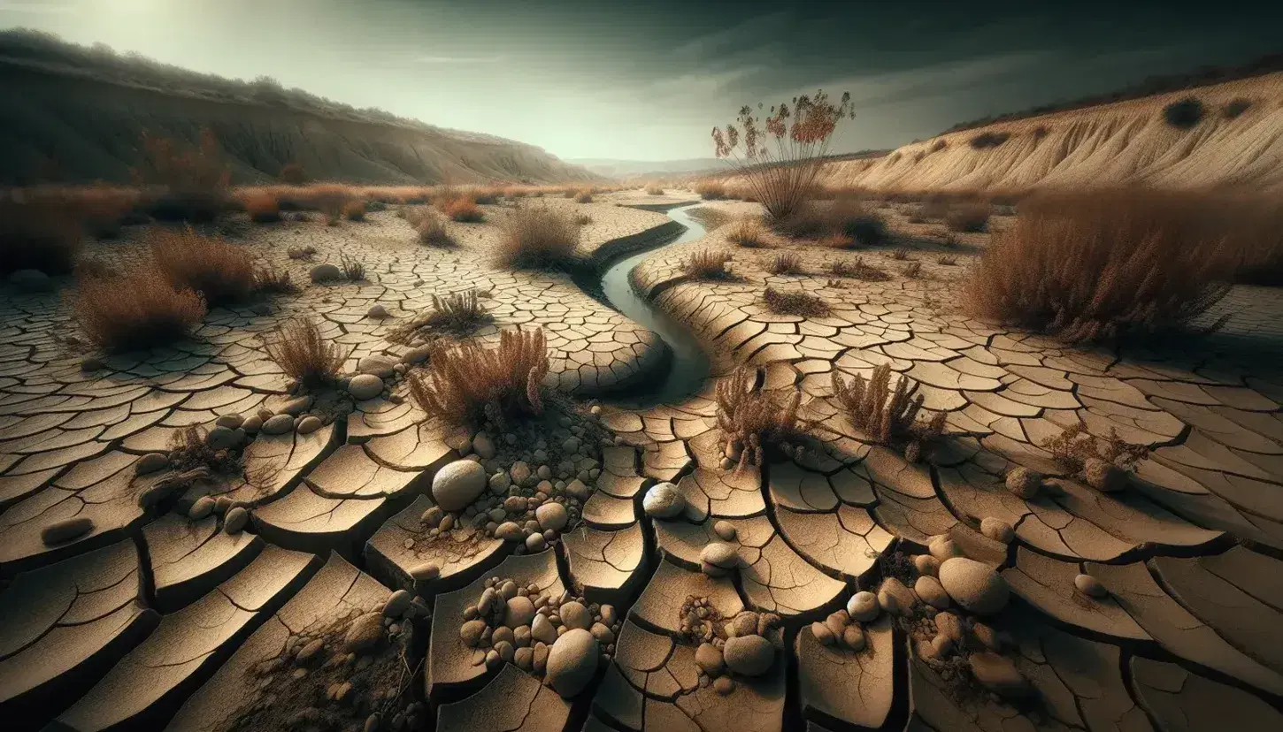 Drought-stricken Spanish countryside with cracked soil, a dry riverbed, sparse trees, and a solitary figure surveying the parched landscape.
