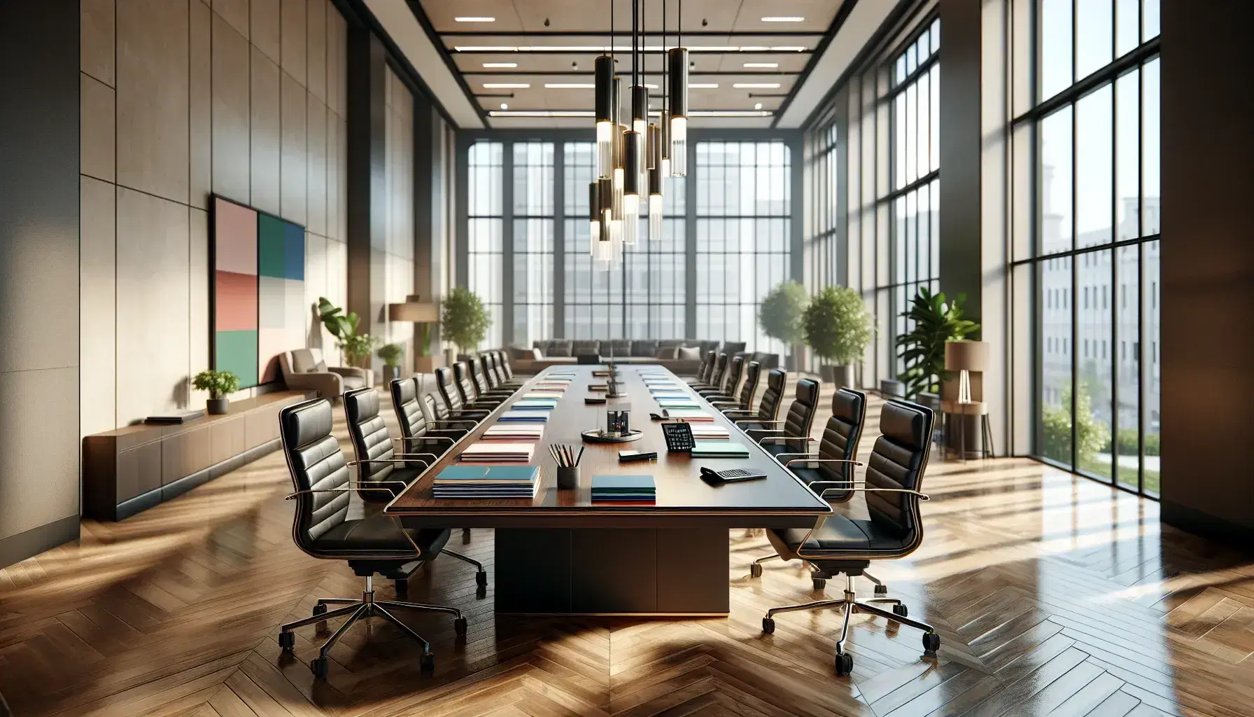Sala de reuniones espaciosa y luminosa con mesa rectangular de madera, sillas de cuero negro, artículos de oficina y planta en esquina, grandes ventanas con cortinas y cielo despejado afuera.