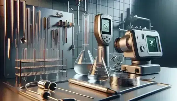 Laboratory with mercury thermometer, digital thermometer in beaker, infrared thermal camera on tripod and bimetallic spiral.