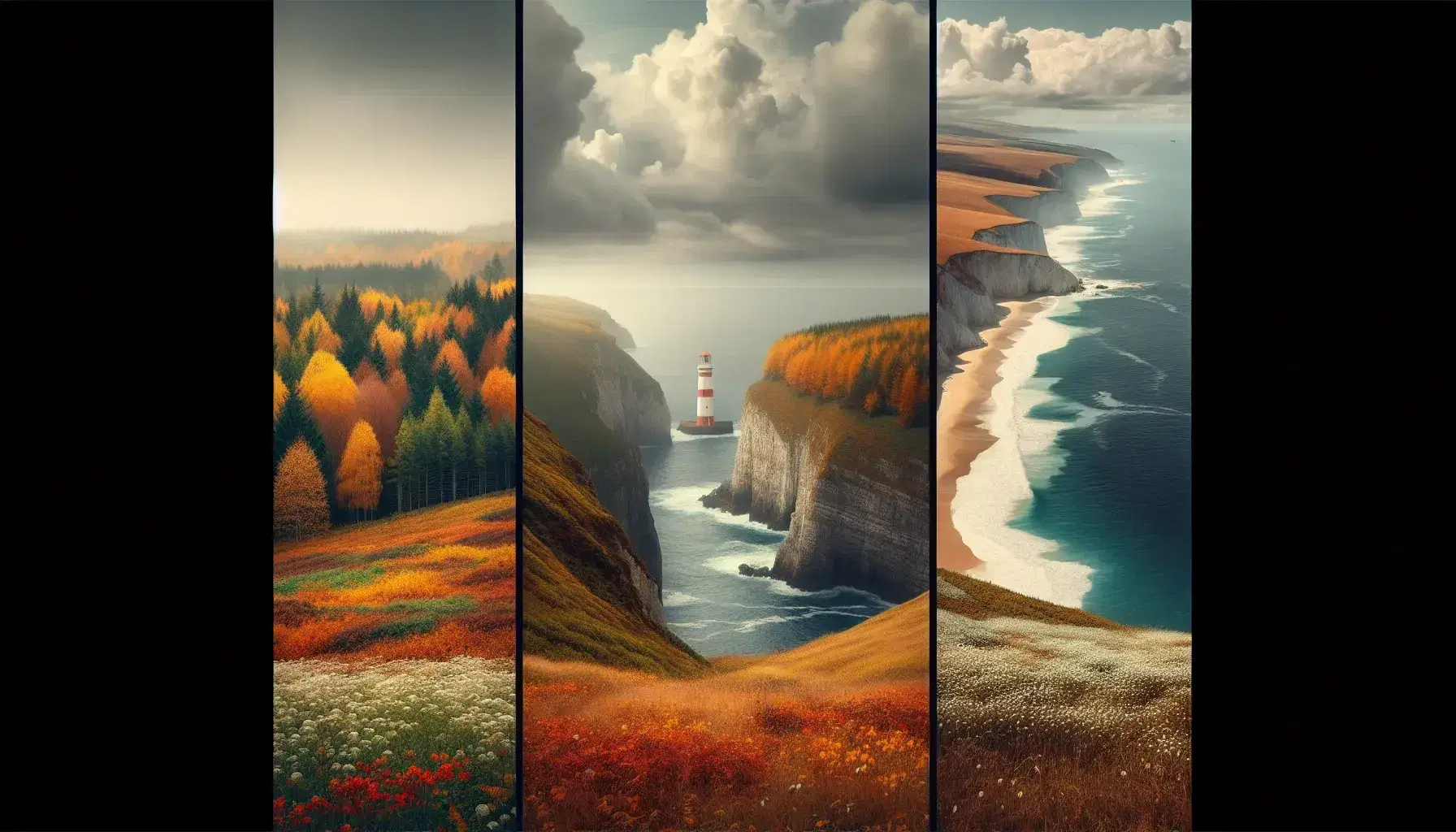 Collage fotografico dei paesaggi europei: foresta autunnale in Europa Continentale, scogliera con faro in Europa Atlantica e spiaggia mediterranea.