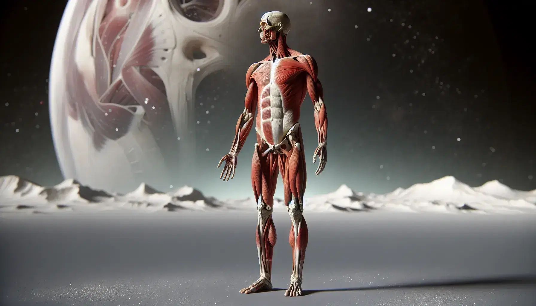 Modello anatomico dettagliato del corpo umano che mostra muscoli, tendini e sistema scheletrico con enfasi sulla struttura del piede e della gamba.
