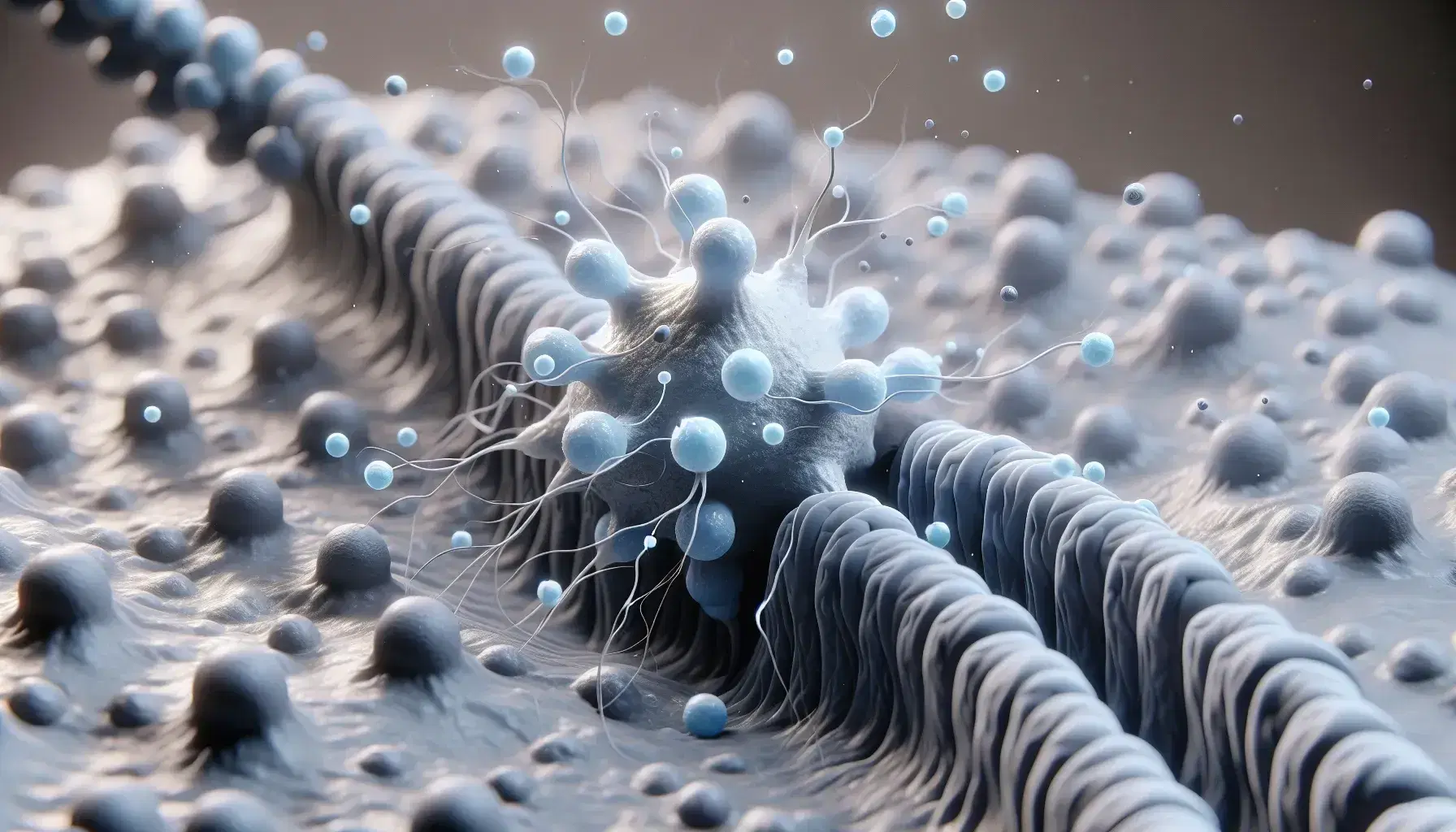 Representación detallada en 3D de una sinapsis neuronal con vesículas presinápticas azules y neurotransmisores dispersos en el espacio sináptico ante una neurona postsináptica texturizada.