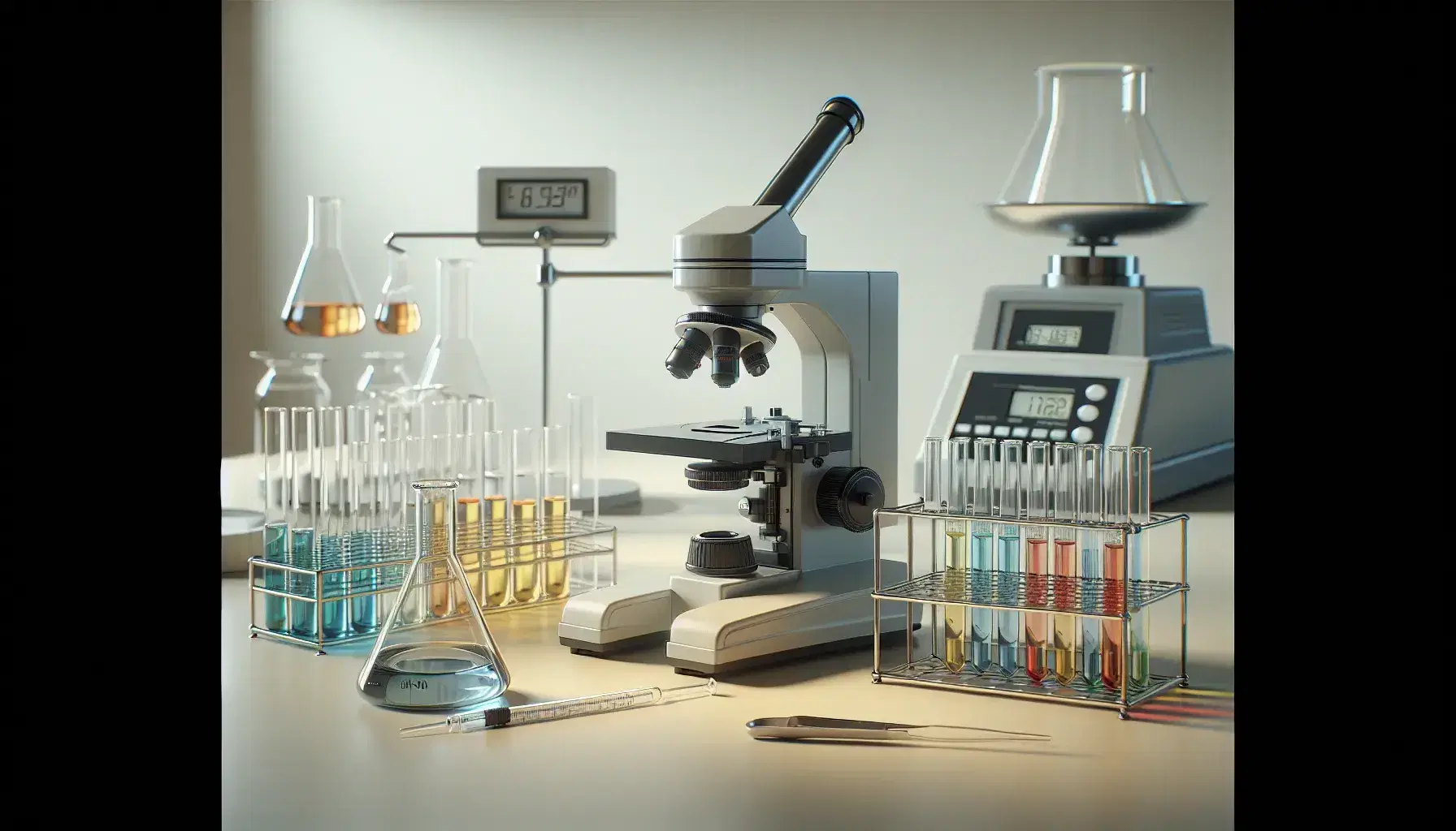 Mesa de laboratorio con microscopio negro y plateado, pipeta en soporte, tubos de ensayo con líquidos de colores en gradilla y balanza analítica gris.