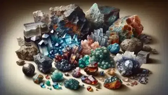 Variedad de minerales cristalinos y rocas como volcánica porosa, plutónica granular y metamórfica con bandas, sobre superficie neutra.