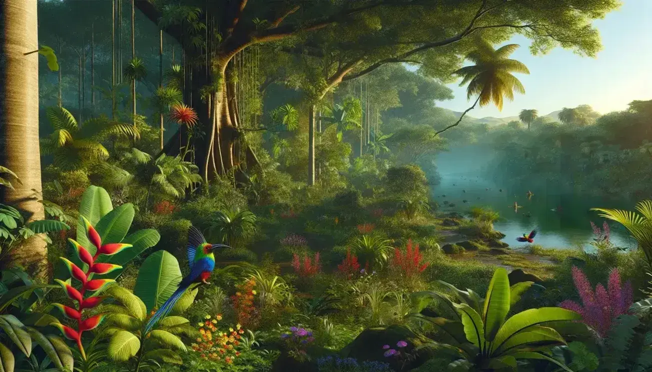 Selva tropical exuberante con flores coloridas, un ave multicolor en una rama y mariposas cerca de un río tranquilo, reflejando la vegetación.