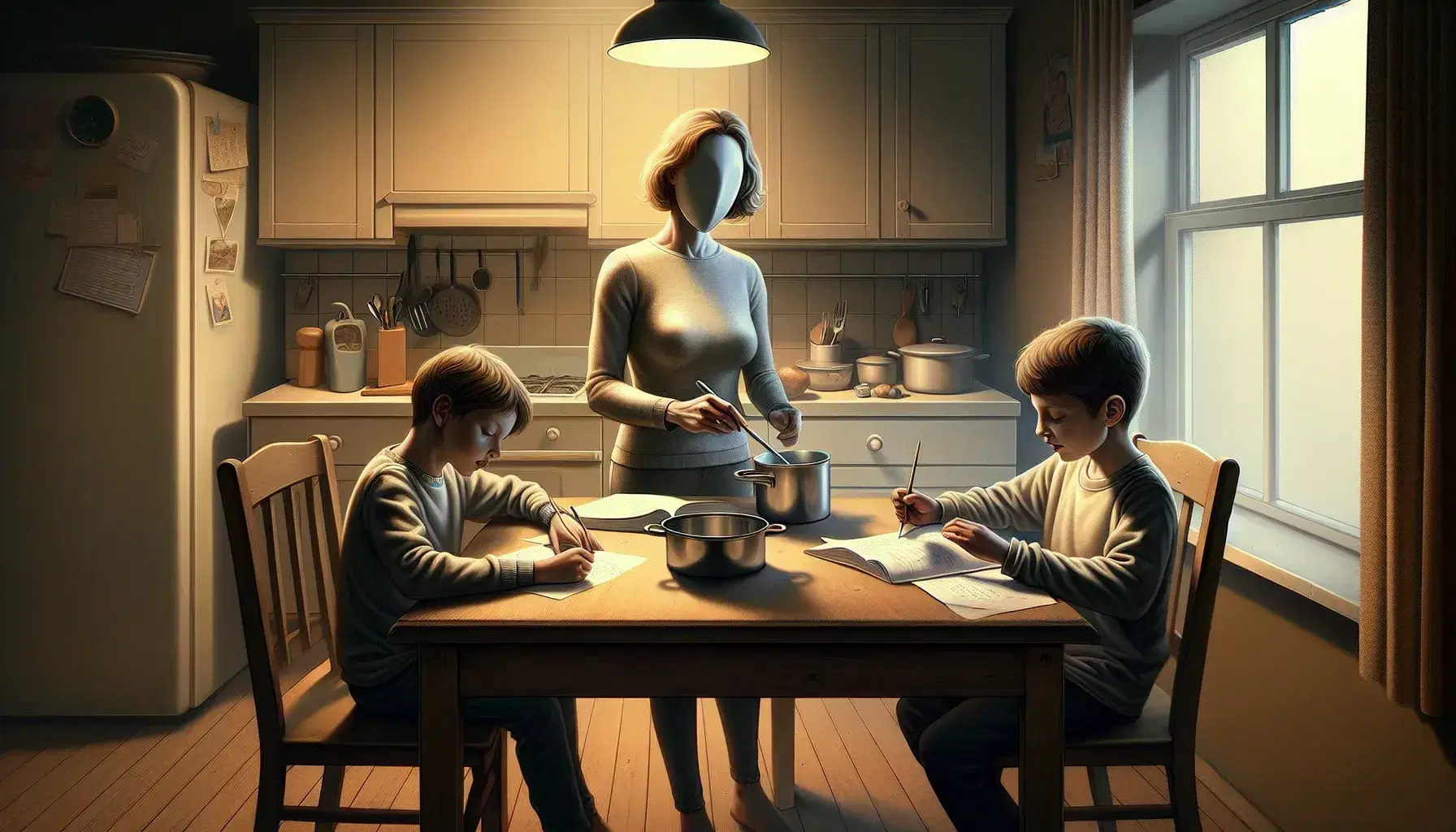 Single parent helps son with homework while cooking and younger son draws, in modest kitchen with warm and welcoming atmosphere.