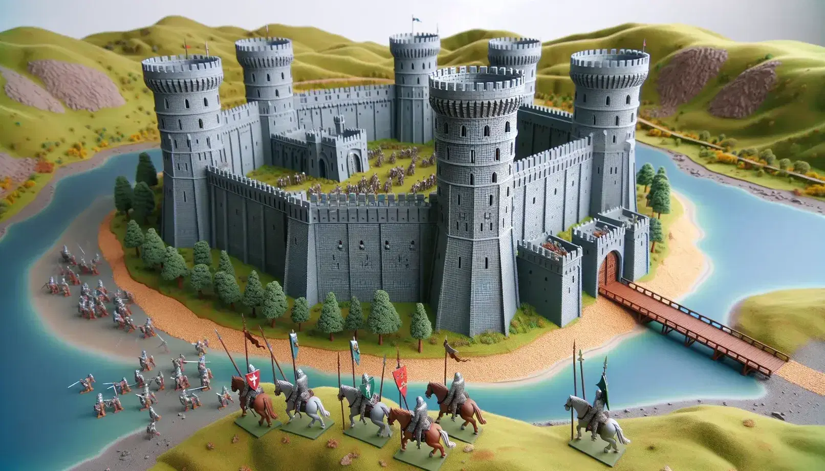 Maqueta tridimensional de fortaleza medieval con muros de piedra, torres circulares, puente levadizo y figuras de caballeros armados en un paisaje de colinas verdes.