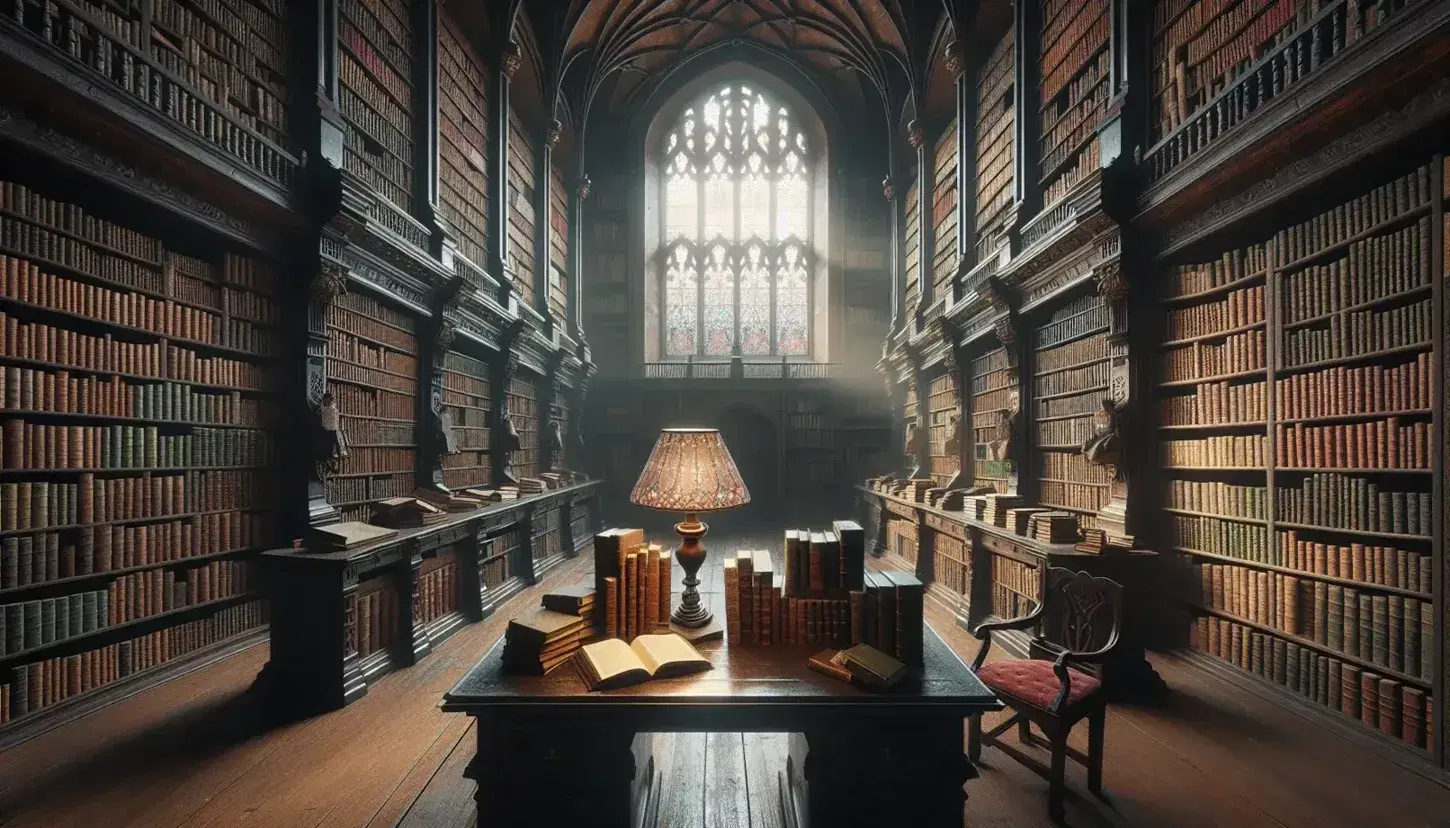Biblioteca antigua con estantes de madera oscuros llenos de libros, mesa central con libros abiertos, silla con cojín rojo y lámpara de pie, luz suave de ventana con cortina.