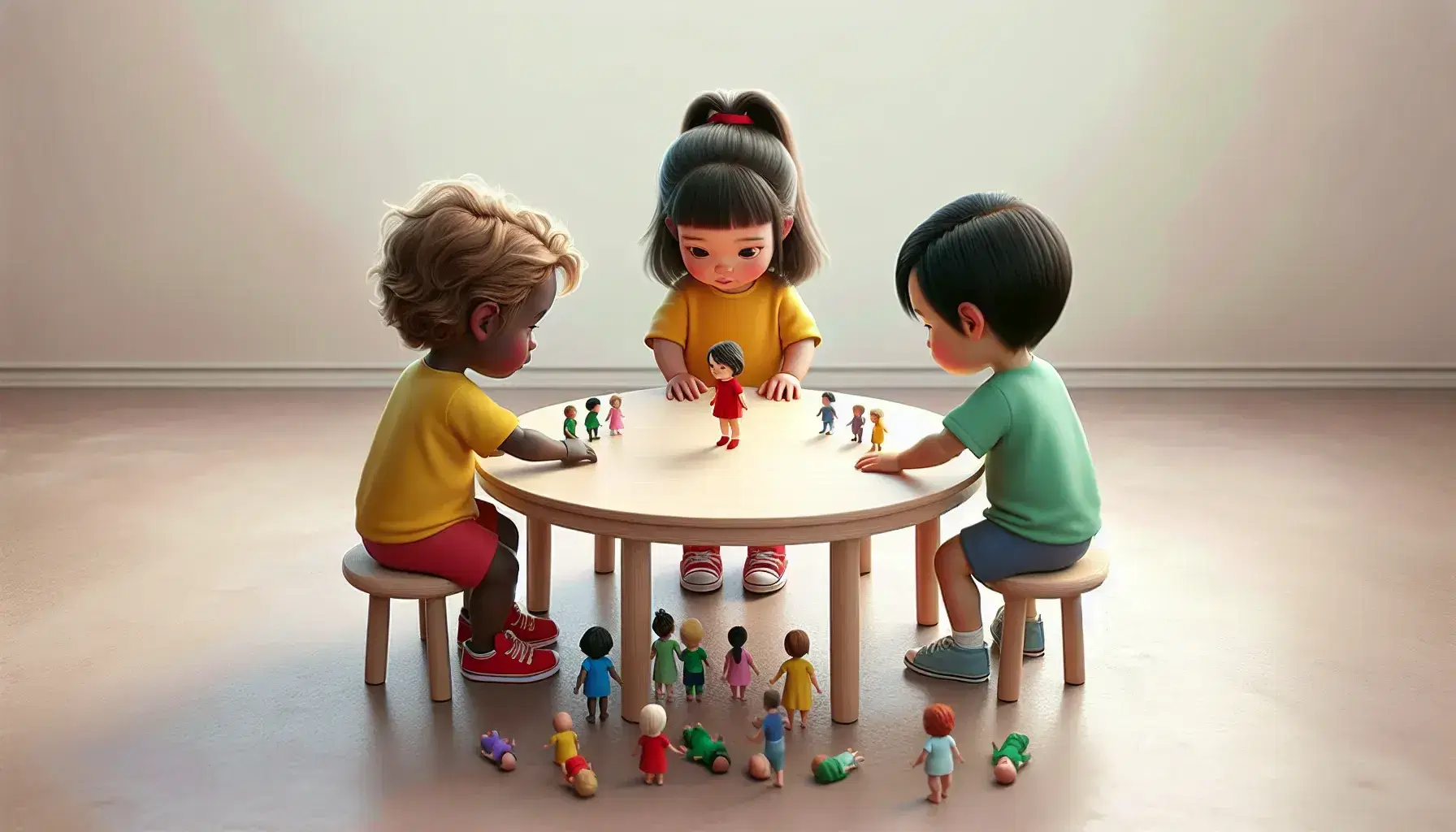 Round table with a light wooden surface and three children intent on playing with colored plastic dolls, in a naturally lit environment.