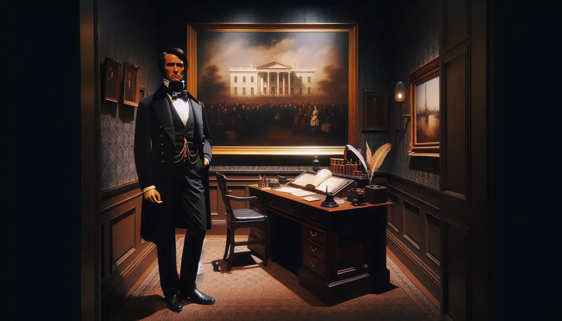 19th-century office with wax figure in black tailcoat, wooden desk with books and quill, unframed oil painting of post-Civil War city, and brass-doorknob door.