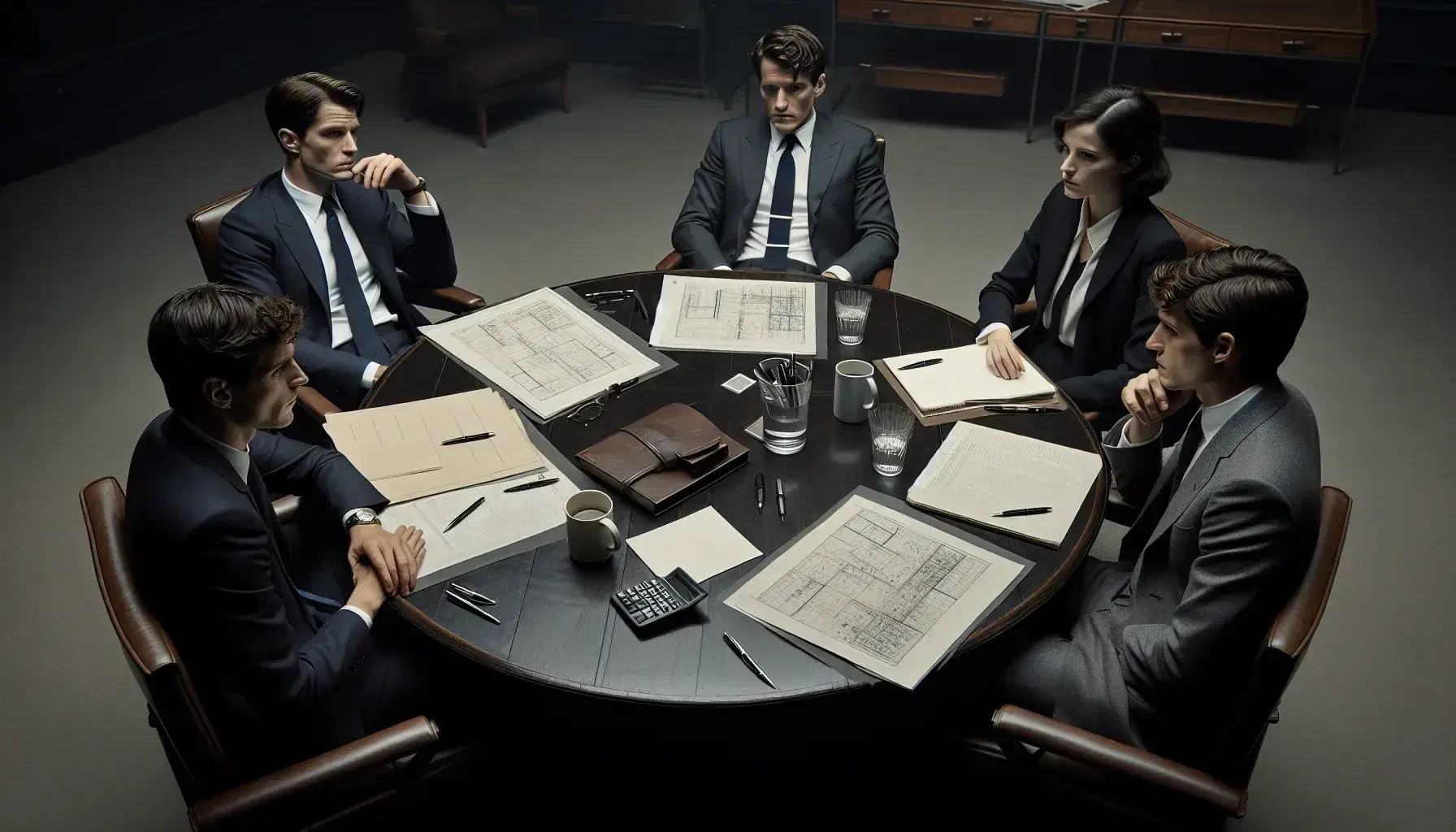 Grupo de profesionales en reunión de trabajo alrededor de una mesa redonda con documentos, calculadora y tazas.