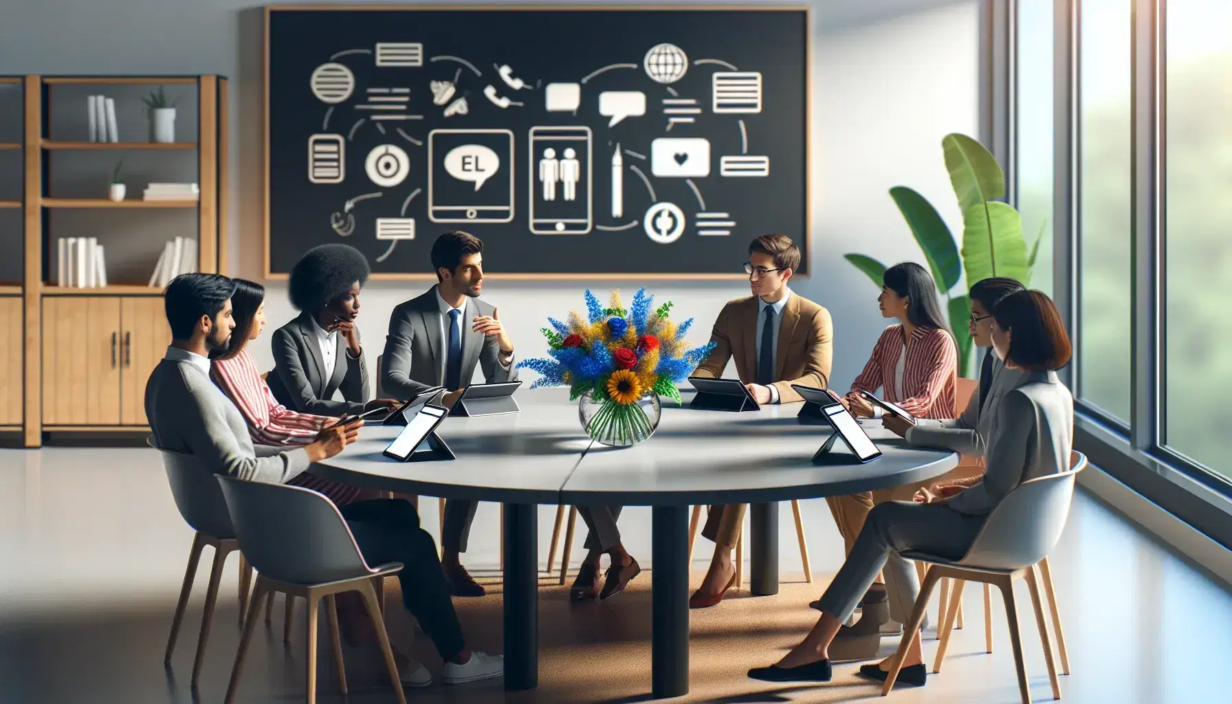 Diverse group of students with tablets engaged in discussion around a table adorned with a colorful flower vase in a bright, modern classroom.