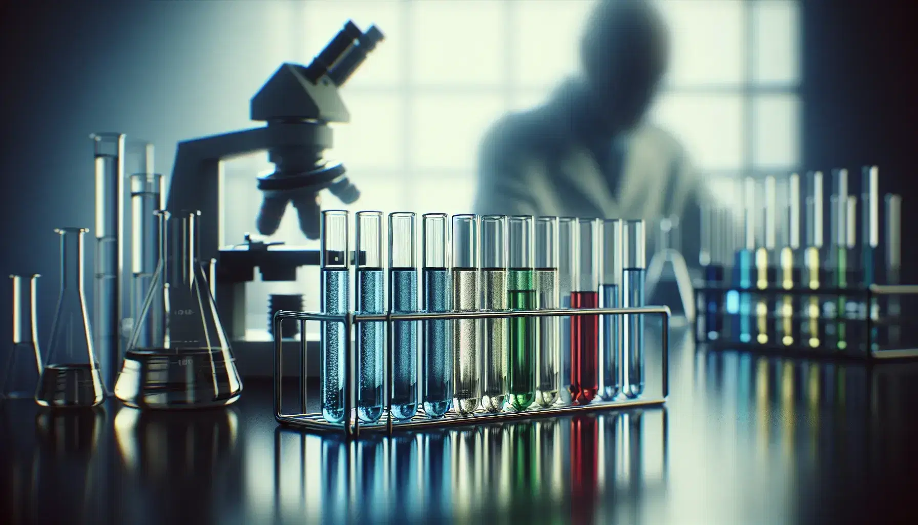 Tubos de ensayo con líquidos de colores en un soporte metálico y un microscopio en un laboratorio, con un científico trabajando al fondo.