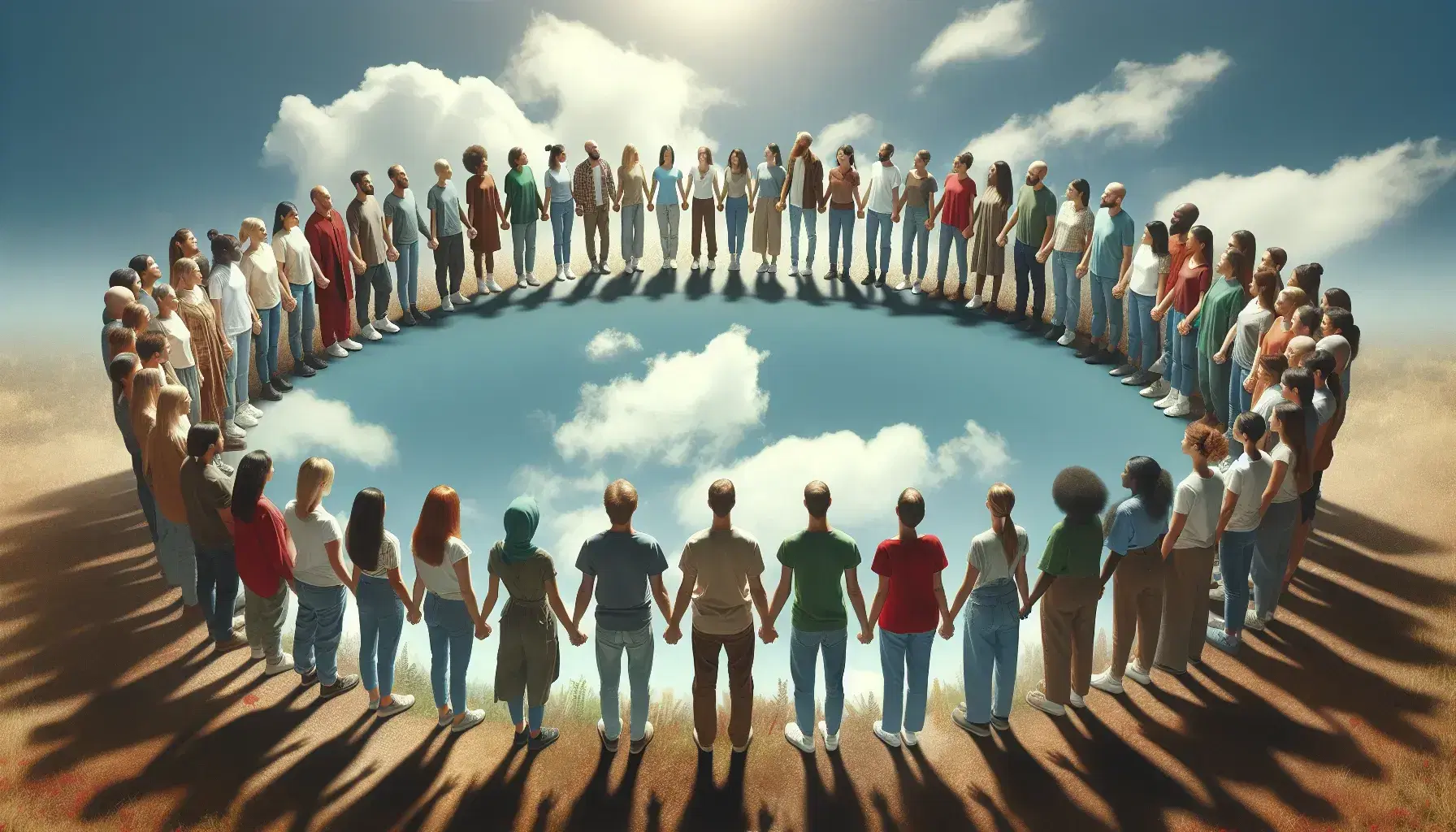 Gruppo eterogeneo di persone che si tengono per mano in cerchio all'aperto, simboleggiando unità e supporto reciproco sotto un cielo sereno.