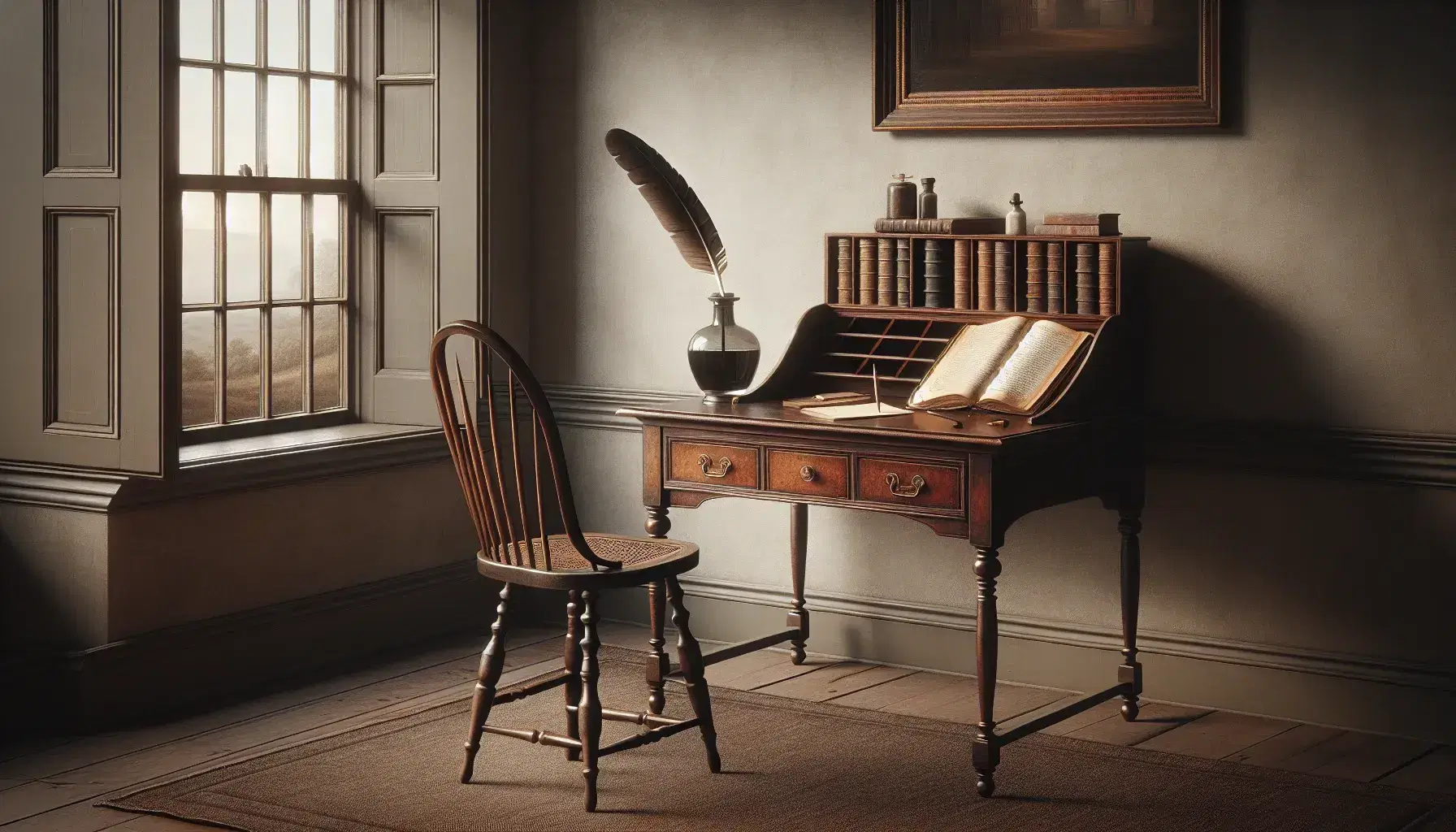 Antique mahogany writing desk with slanted top, quill pen, and inkwell, beside a high-backed chair with cane seat, in a room with soft lighting.