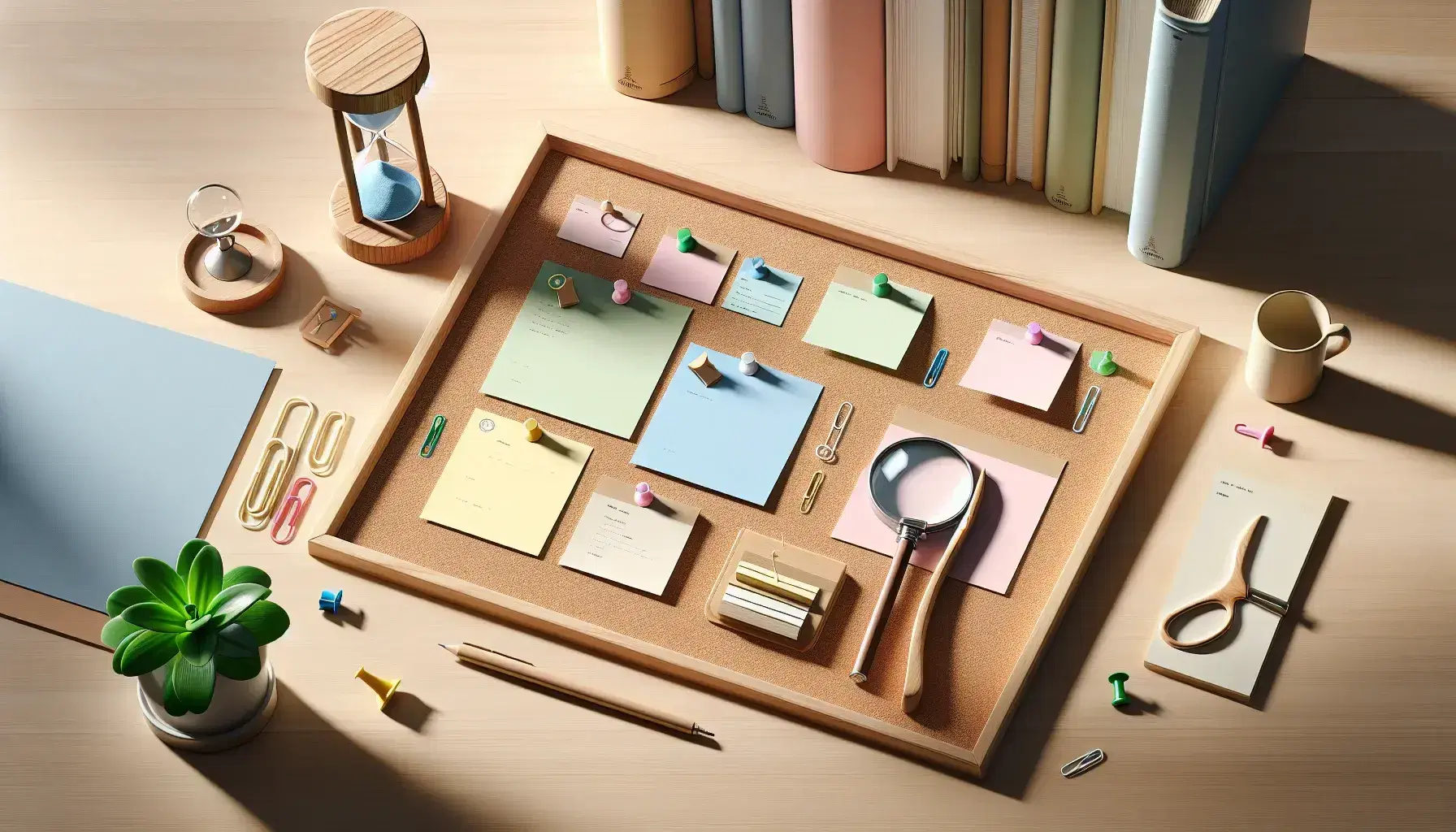 Mesa de madera clara con corcho y notas de colores, lupa, reloj de arena, libros apilados y planta en maceta bajo luz natural.