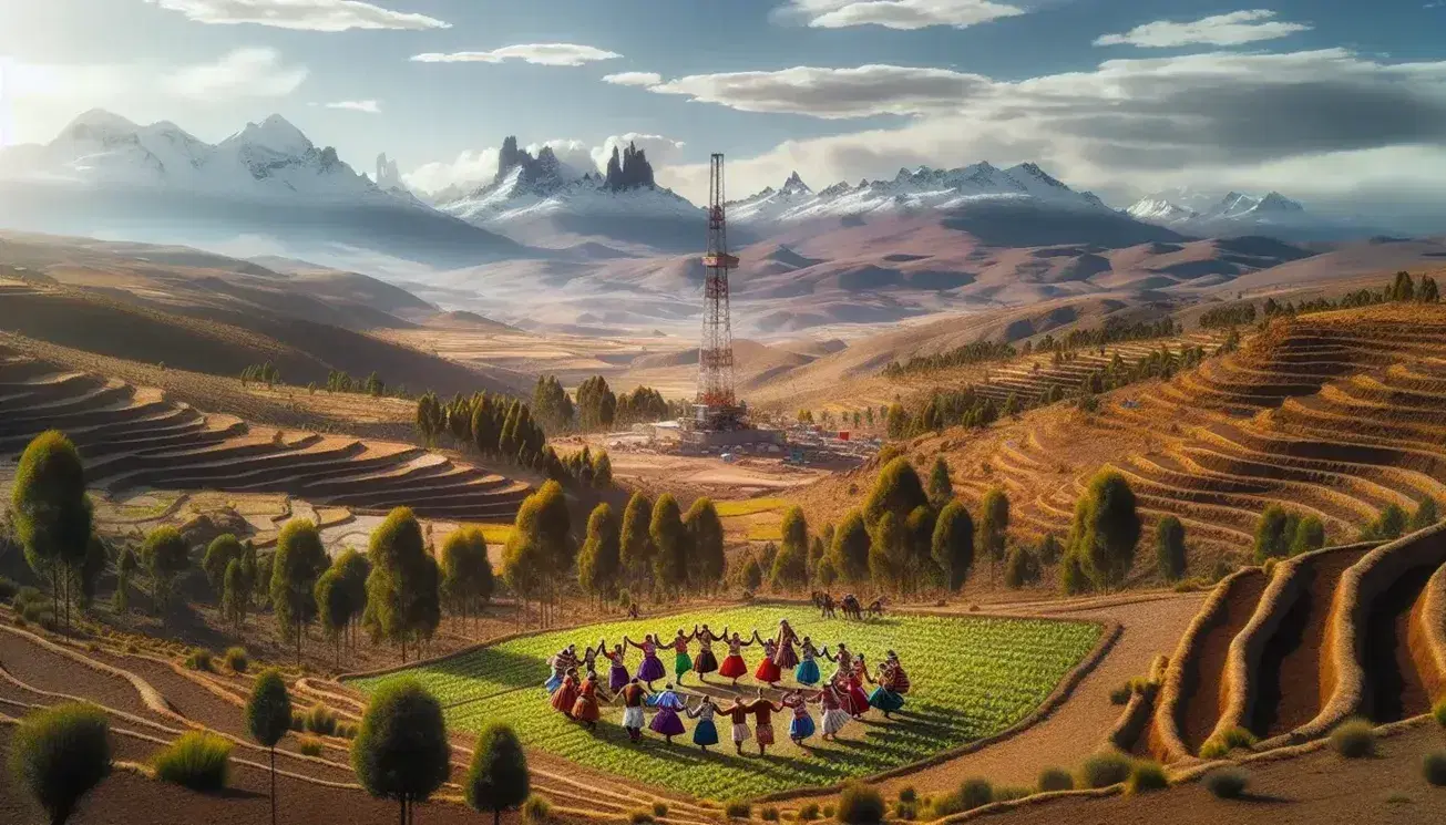 Paisaje natural de Bolivia con la cordillera de los Andes y picos nevados al fondo, cultivos en terrazas en primer plano y danza folclórica de indígenas bolivianos cerca de una torre de perforación petrolera inactiva.