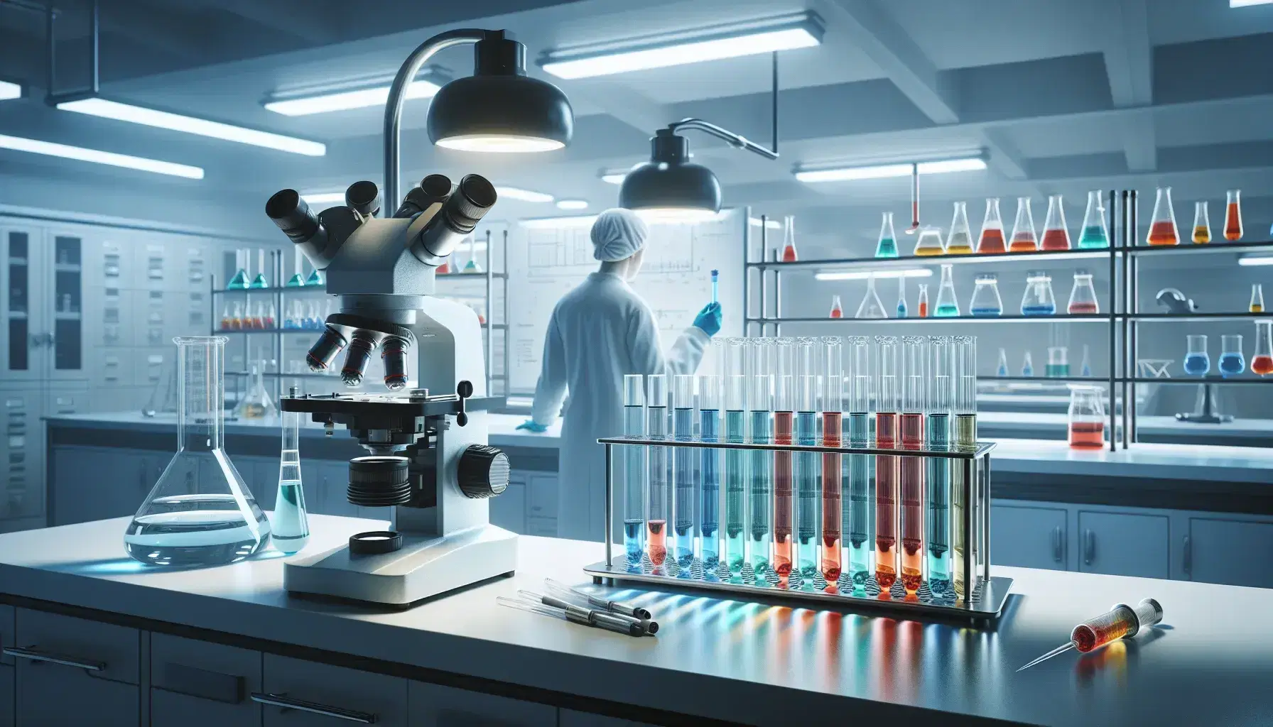 Laboratorio de investigación científica con tubos de ensayo de colores en soporte metálico, microscopio moderno y científico examinando muestras.