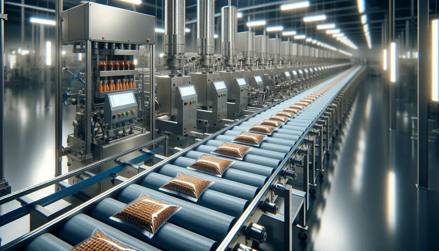 Línea de producción industrial automatizada con productos alimenticios empaquetados en plástico transparente desplazándose en cinta transportadora gris.